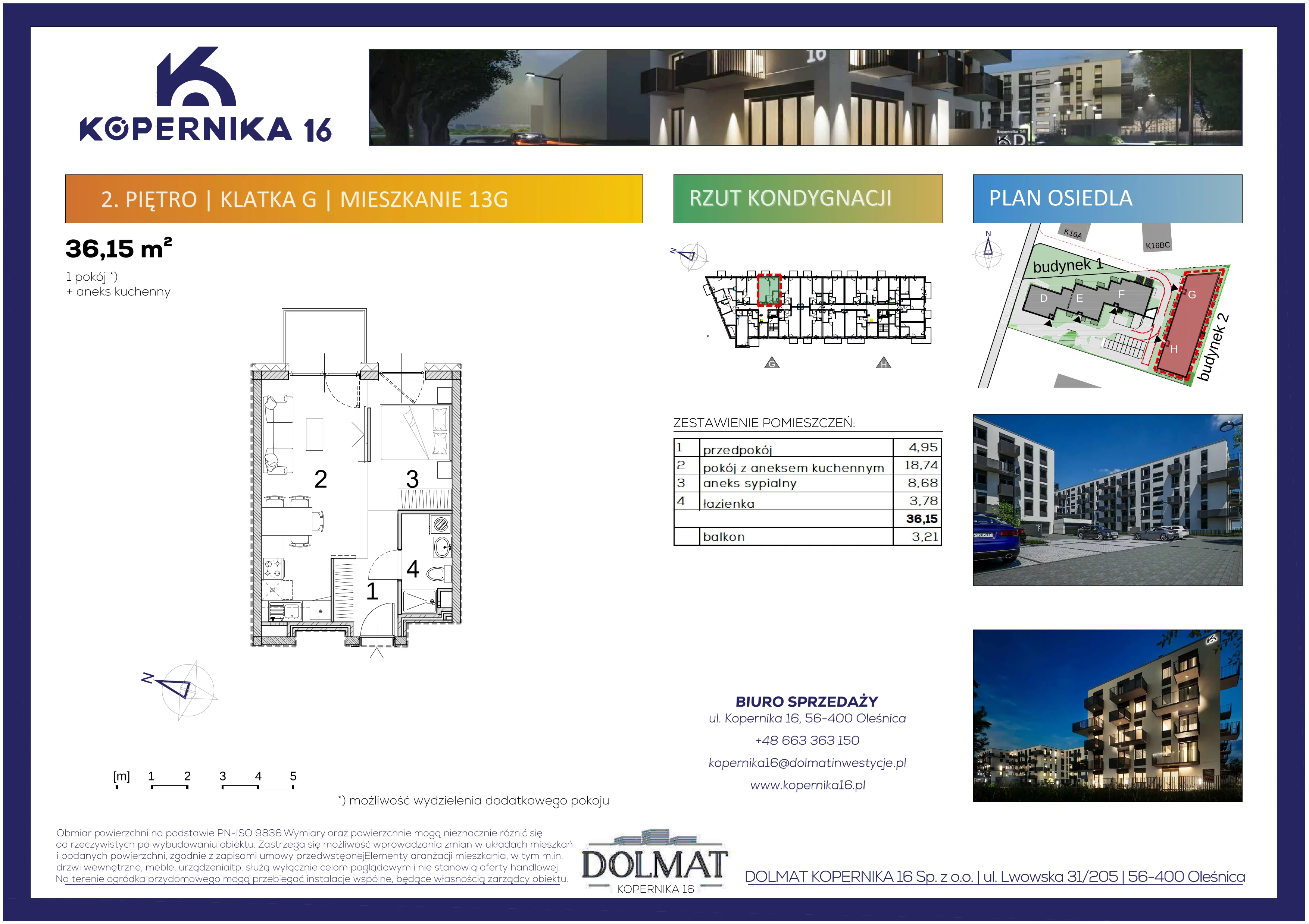 1 pokój, mieszkanie 36,15 m², piętro 2, oferta nr G13, Kopernika 16, Oleśnica, ul. Mikołaja Kopernika 16