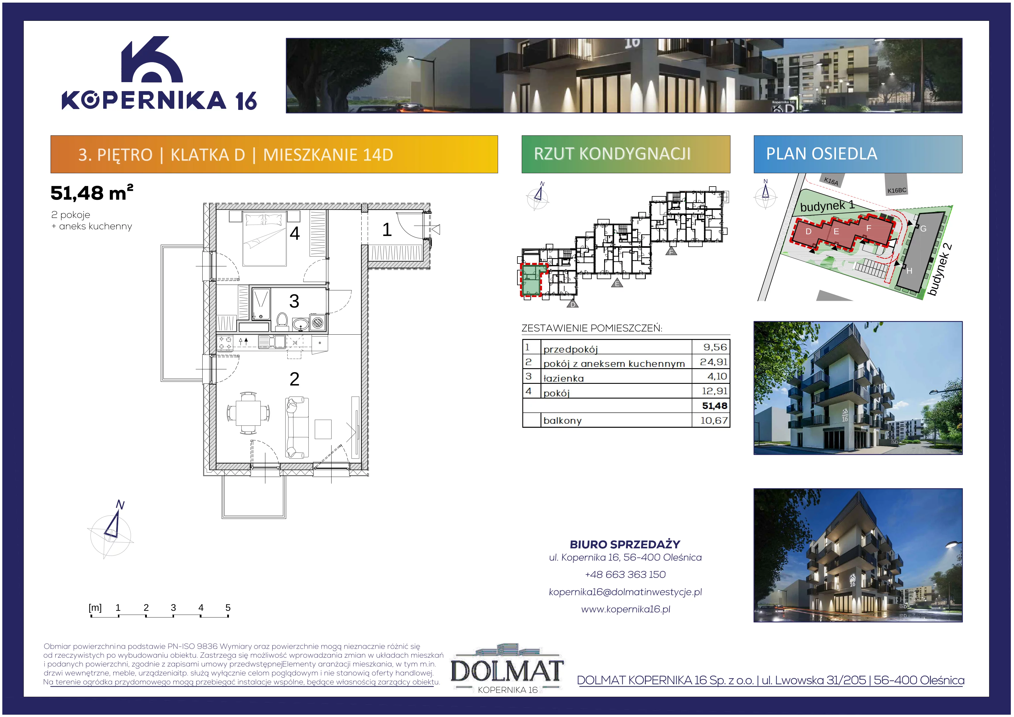 2 pokoje, mieszkanie 51,48 m², piętro 3, oferta nr D14, Kopernika 16, Oleśnica, ul. Mikołaja Kopernika 16