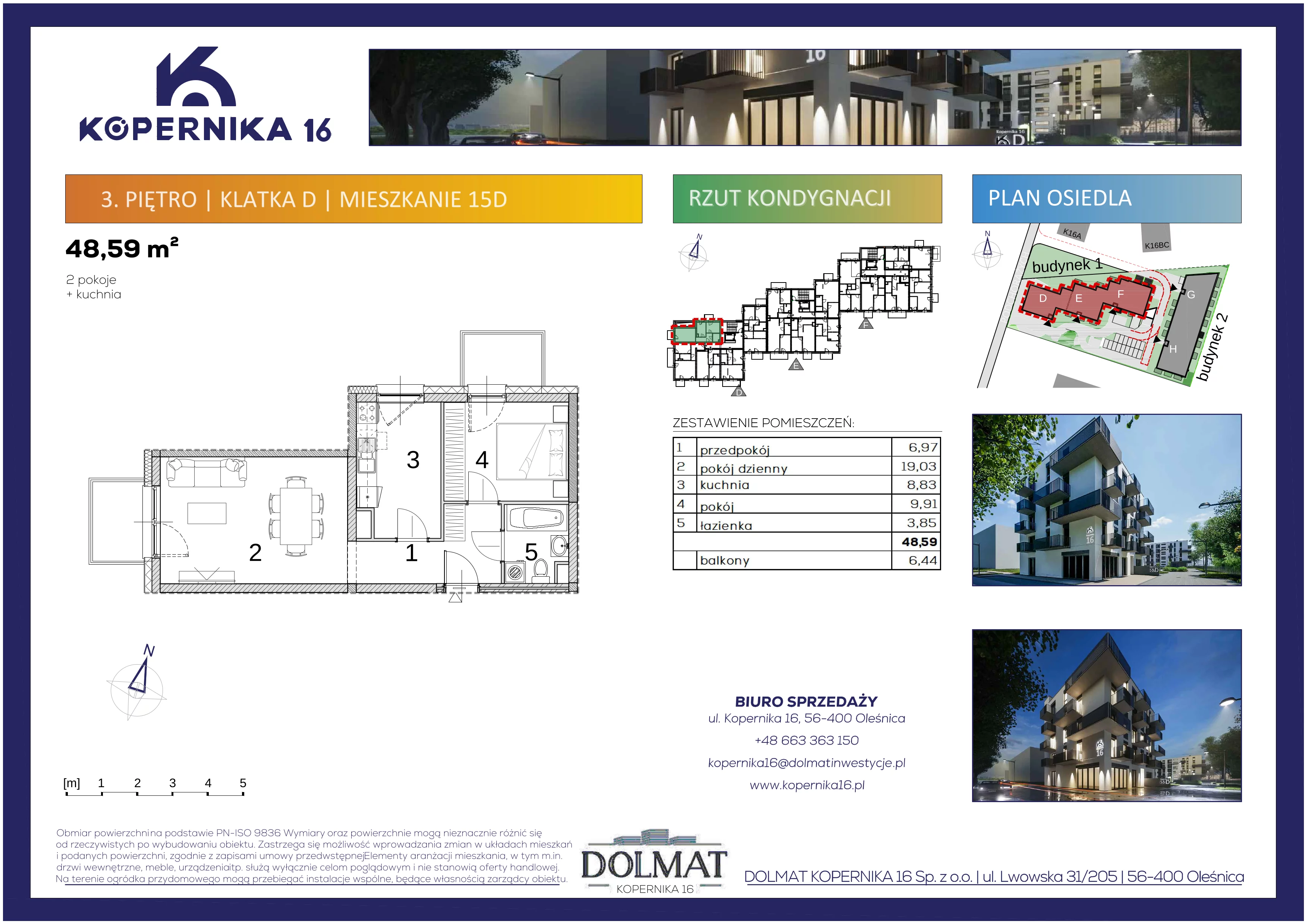 2 pokoje, mieszkanie 48,59 m², piętro 3, oferta nr D15, Kopernika 16, Oleśnica, ul. Mikołaja Kopernika 16