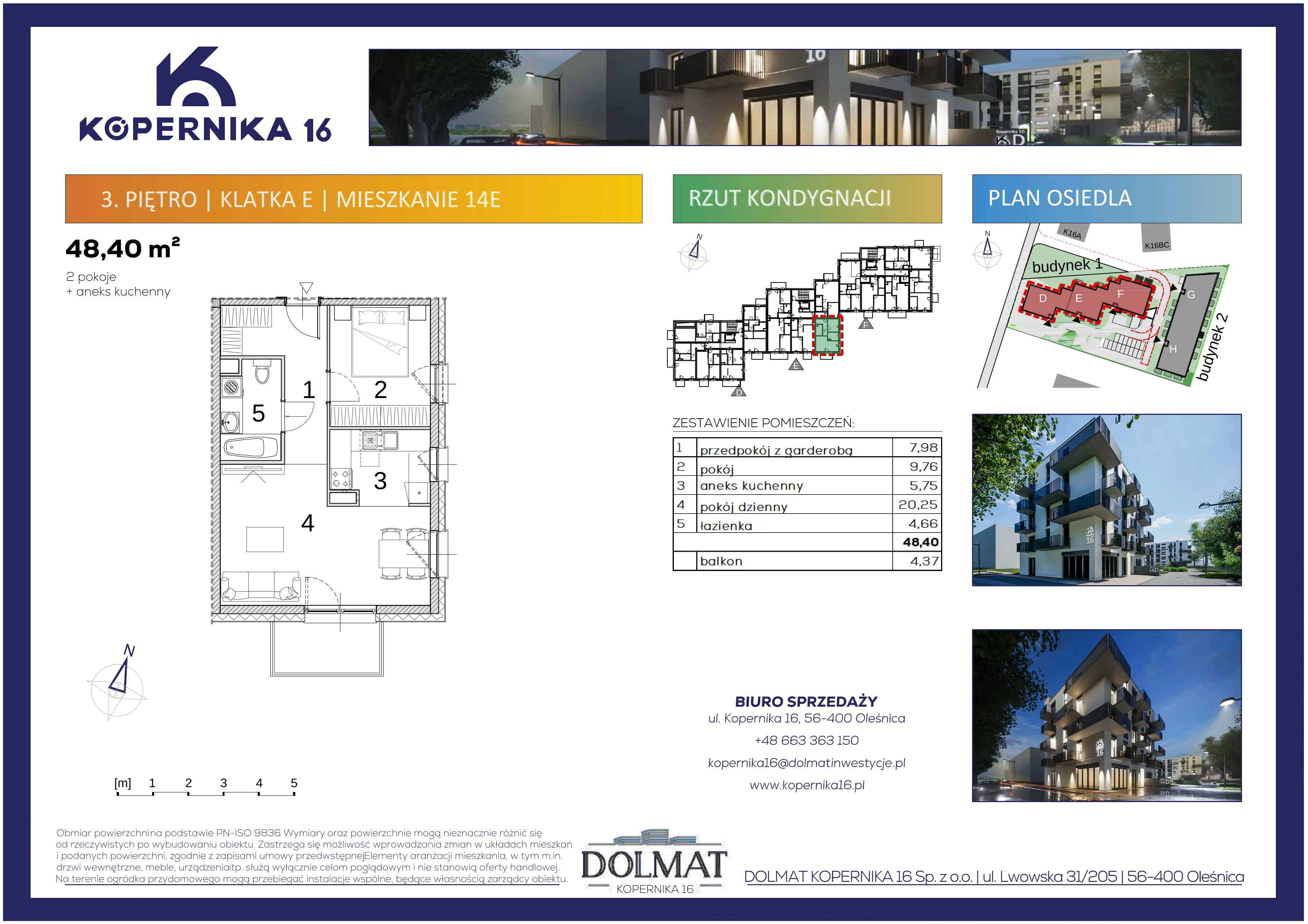 2 pokoje, mieszkanie 48,40 m², piętro 3, oferta nr E14, Kopernika 16, Oleśnica, ul. Mikołaja Kopernika 16