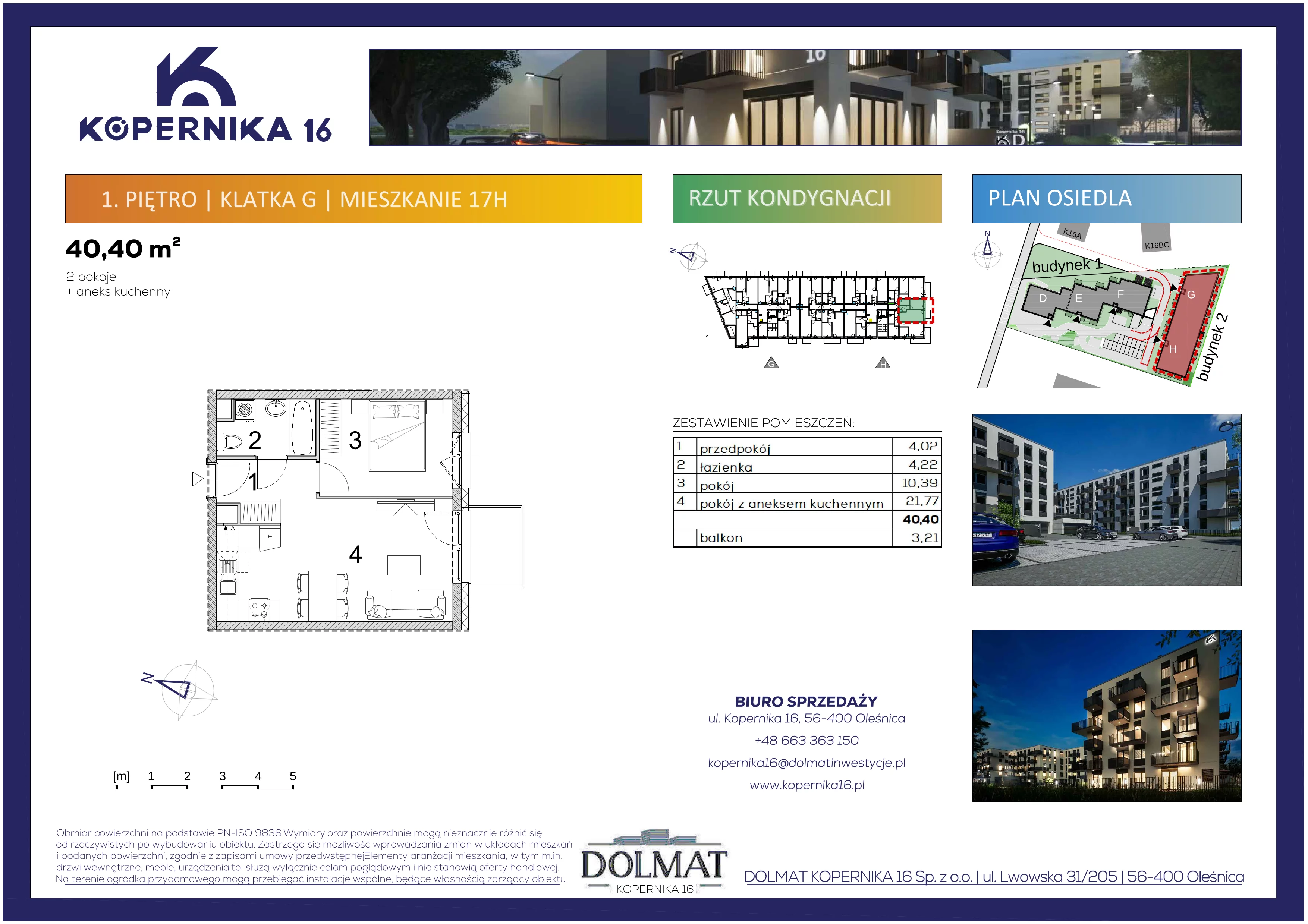 2 pokoje, mieszkanie 40,40 m², piętro 1, oferta nr H17, Kopernika 16, Oleśnica, ul. Mikołaja Kopernika 16