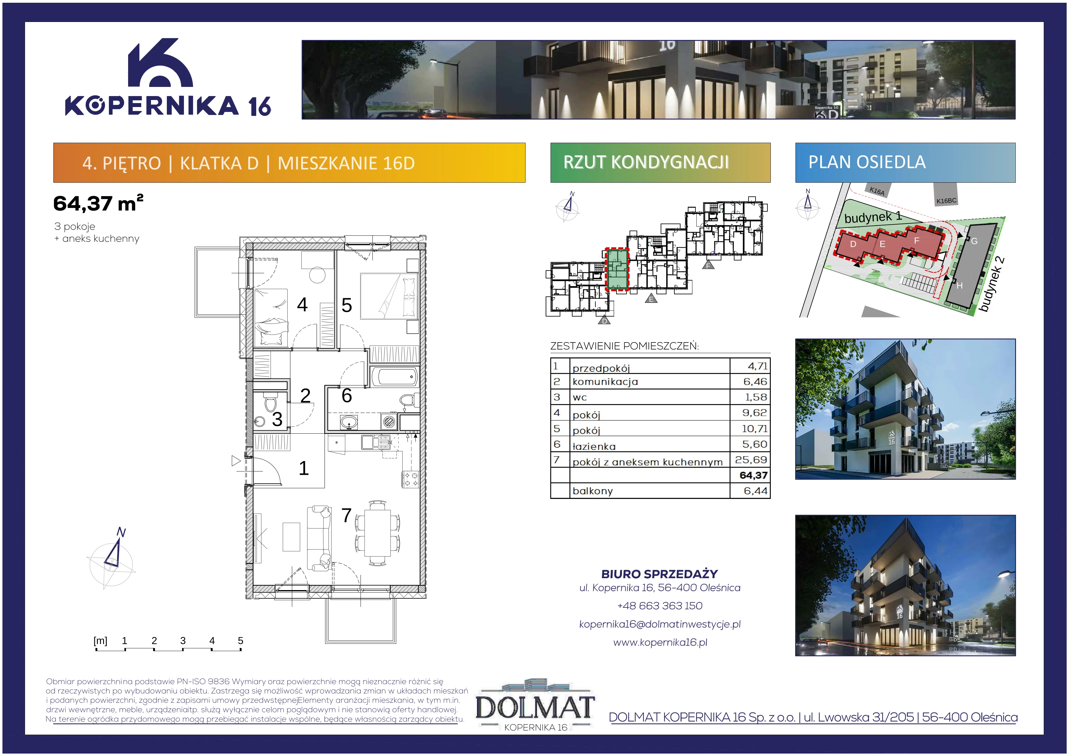 3 pokoje, mieszkanie 64,37 m², piętro 4, oferta nr D16, Kopernika 16, Oleśnica, ul. Mikołaja Kopernika 16