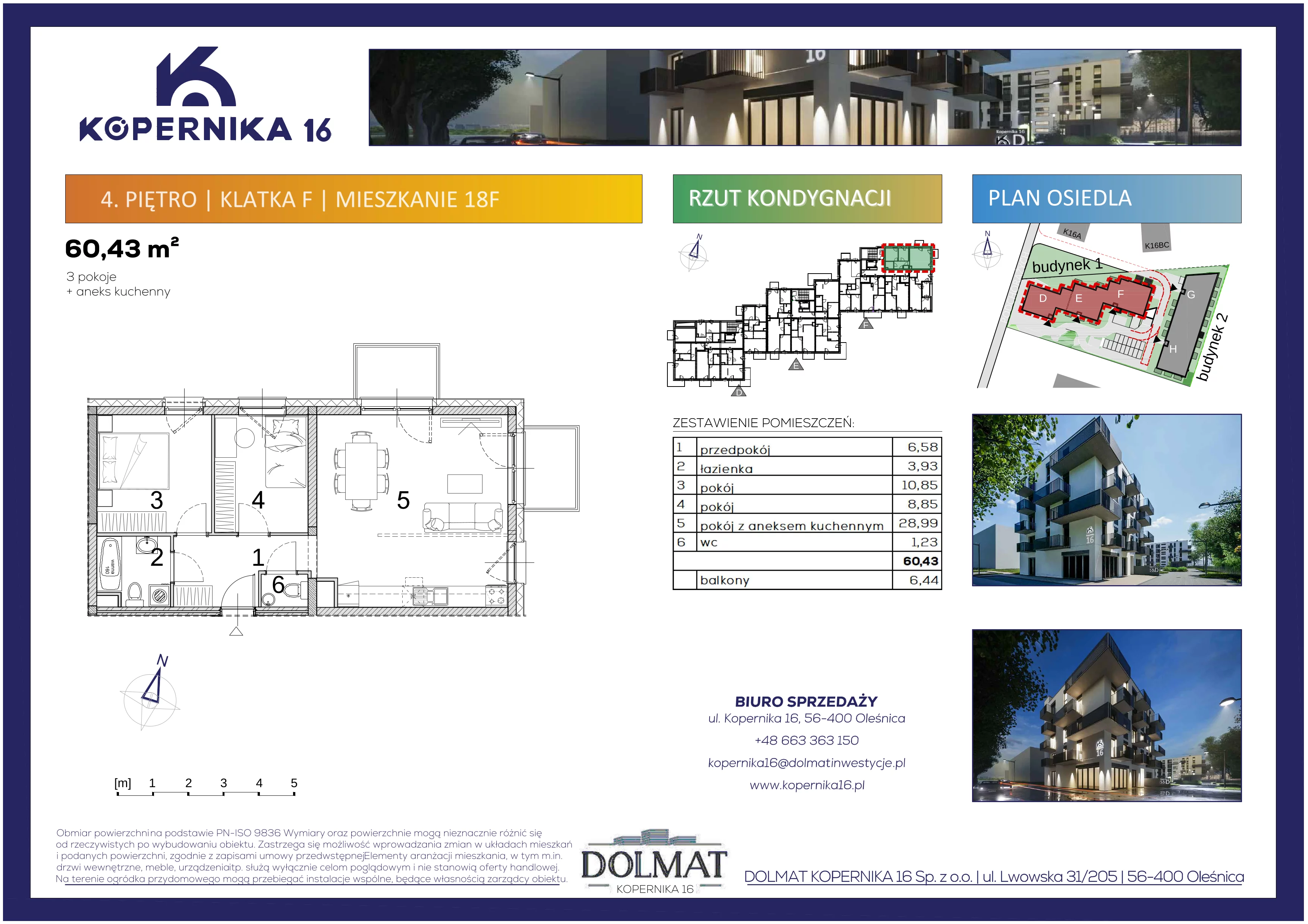 3 pokoje, mieszkanie 60,43 m², piętro 4, oferta nr F18, Kopernika 16, Oleśnica, ul. Mikołaja Kopernika 16