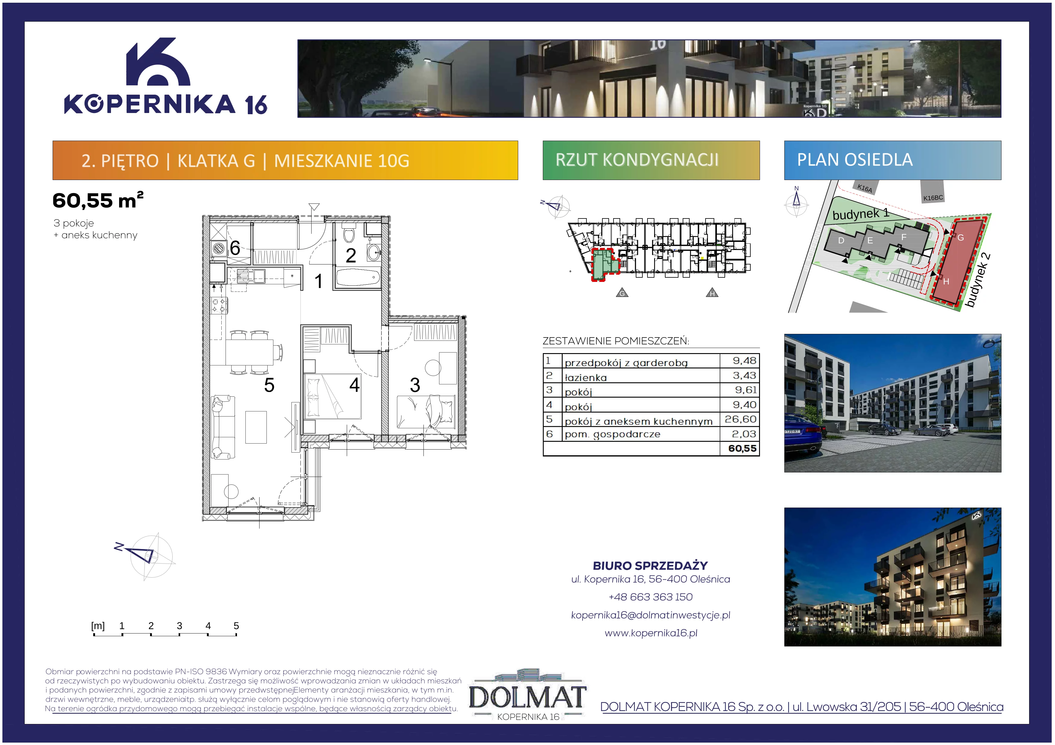 3 pokoje, mieszkanie 60,55 m², piętro 2, oferta nr G10, Kopernika 16, Oleśnica, ul. Mikołaja Kopernika 16