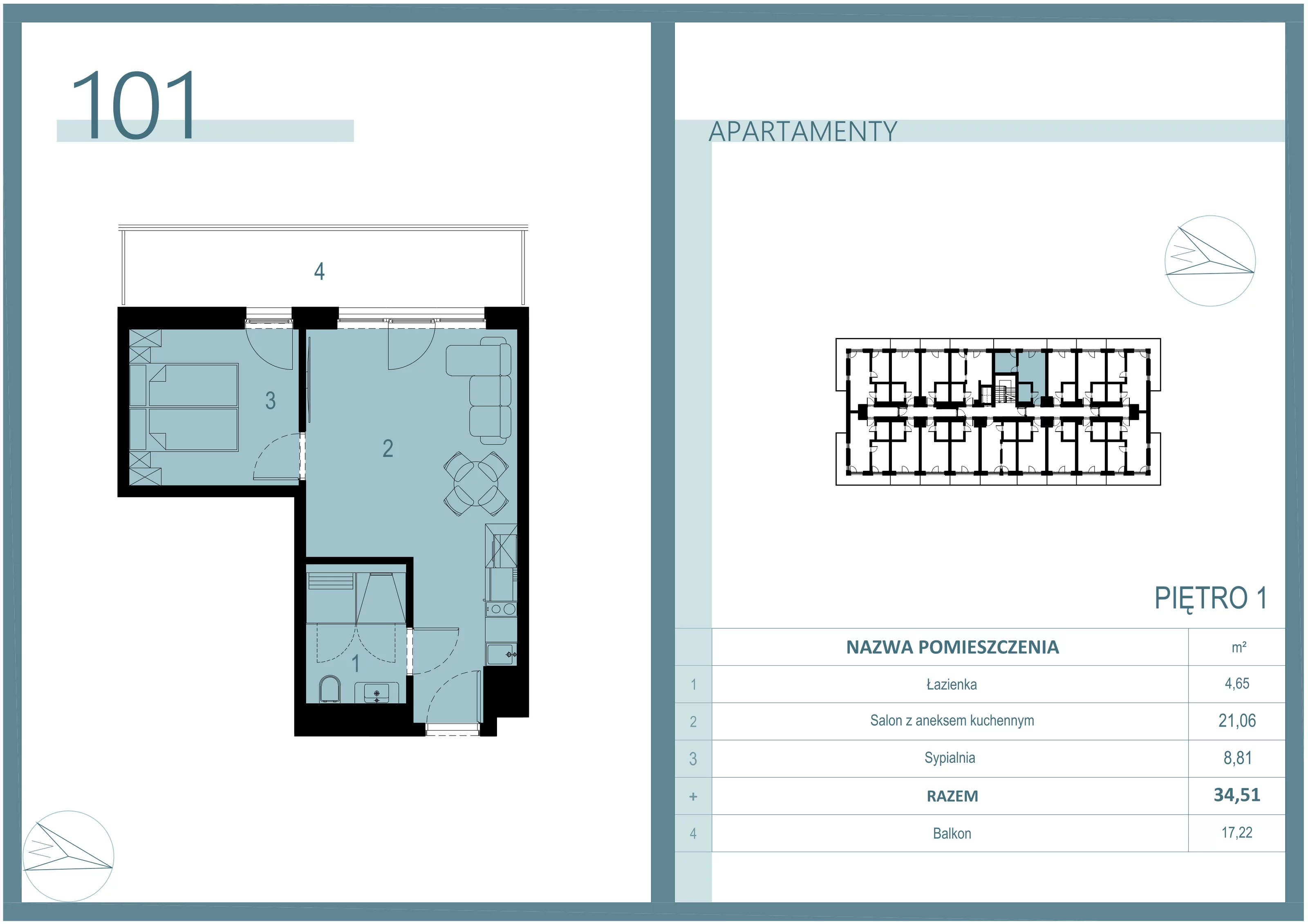 1 pokój, apartament 34,51 m², piętro 1, oferta nr A/101, Linea Mare Mrzeżyno, Mrzeżyno, ul. Nadmorska 14