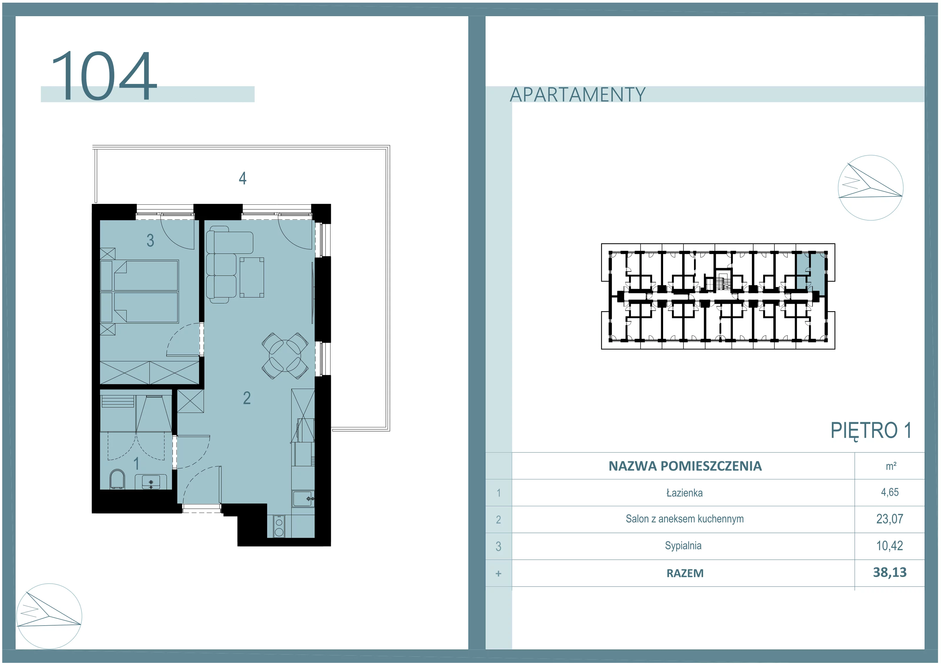 2 pokoje, apartament 38,13 m², piętro 1, oferta nr A/104, Linea Mare Mrzeżyno, Mrzeżyno, ul. Nadmorska 14