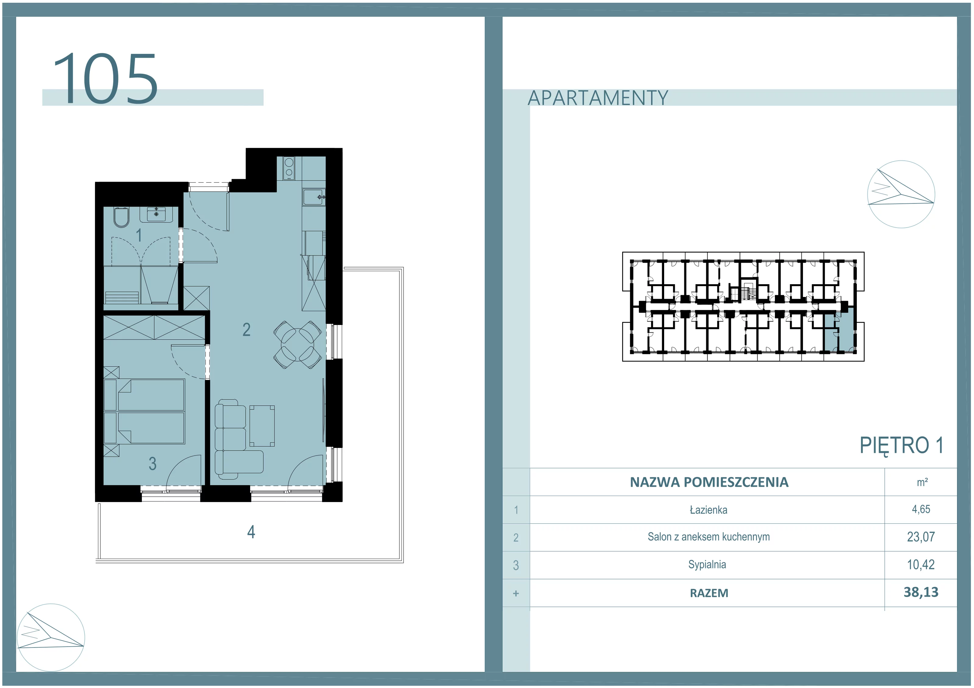 2 pokoje, apartament 38,13 m², piętro 1, oferta nr A/105, Linea Mare Mrzeżyno, Mrzeżyno, ul. Nadmorska 14