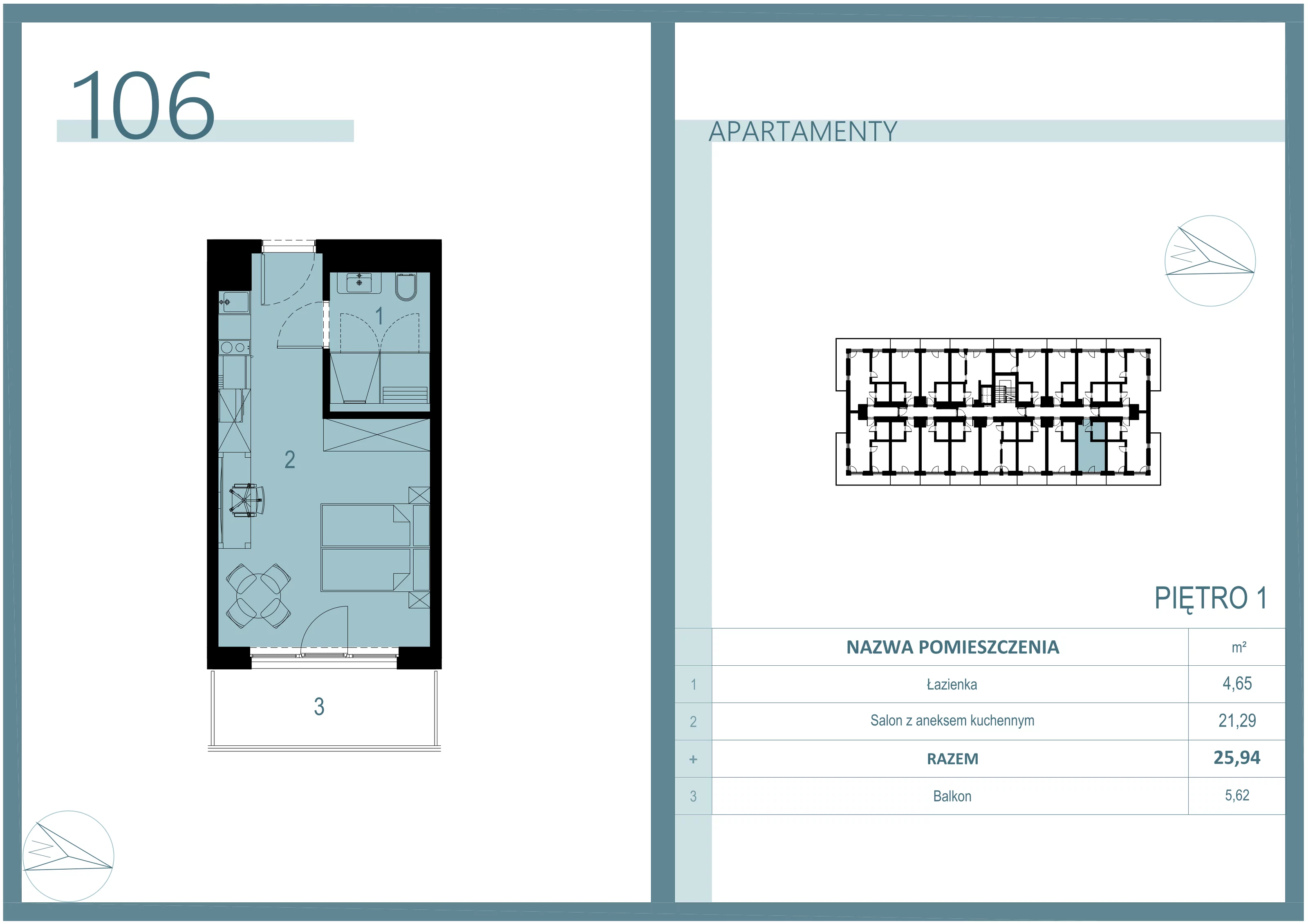 1 pokój, apartament 25,94 m², piętro 1, oferta nr A/106, Linea Mare Mrzeżyno, Mrzeżyno, ul. Nadmorska 14