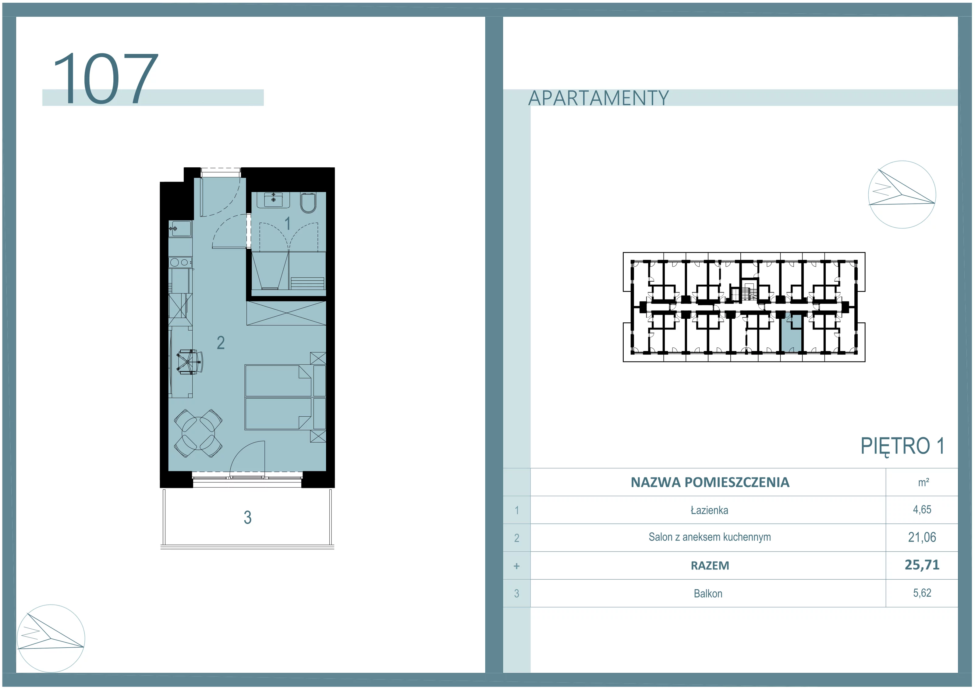 1 pokój, apartament 25,71 m², piętro 1, oferta nr A/107, Linea Mare Mrzeżyno, Mrzeżyno, ul. Nadmorska 14