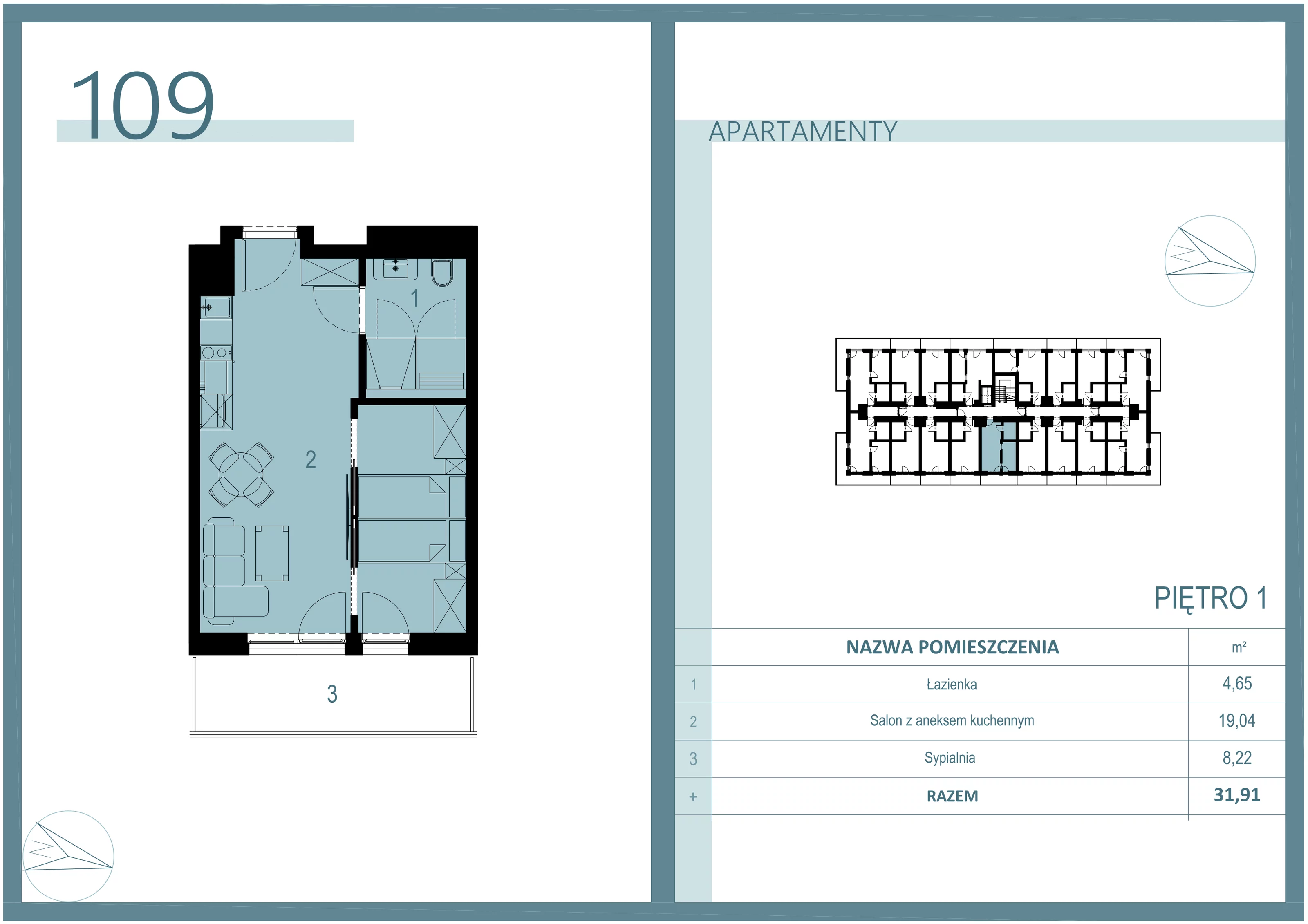 2 pokoje, apartament 31,91 m², piętro 1, oferta nr A/109, Linea Mare Mrzeżyno, Mrzeżyno, ul. Nadmorska 14