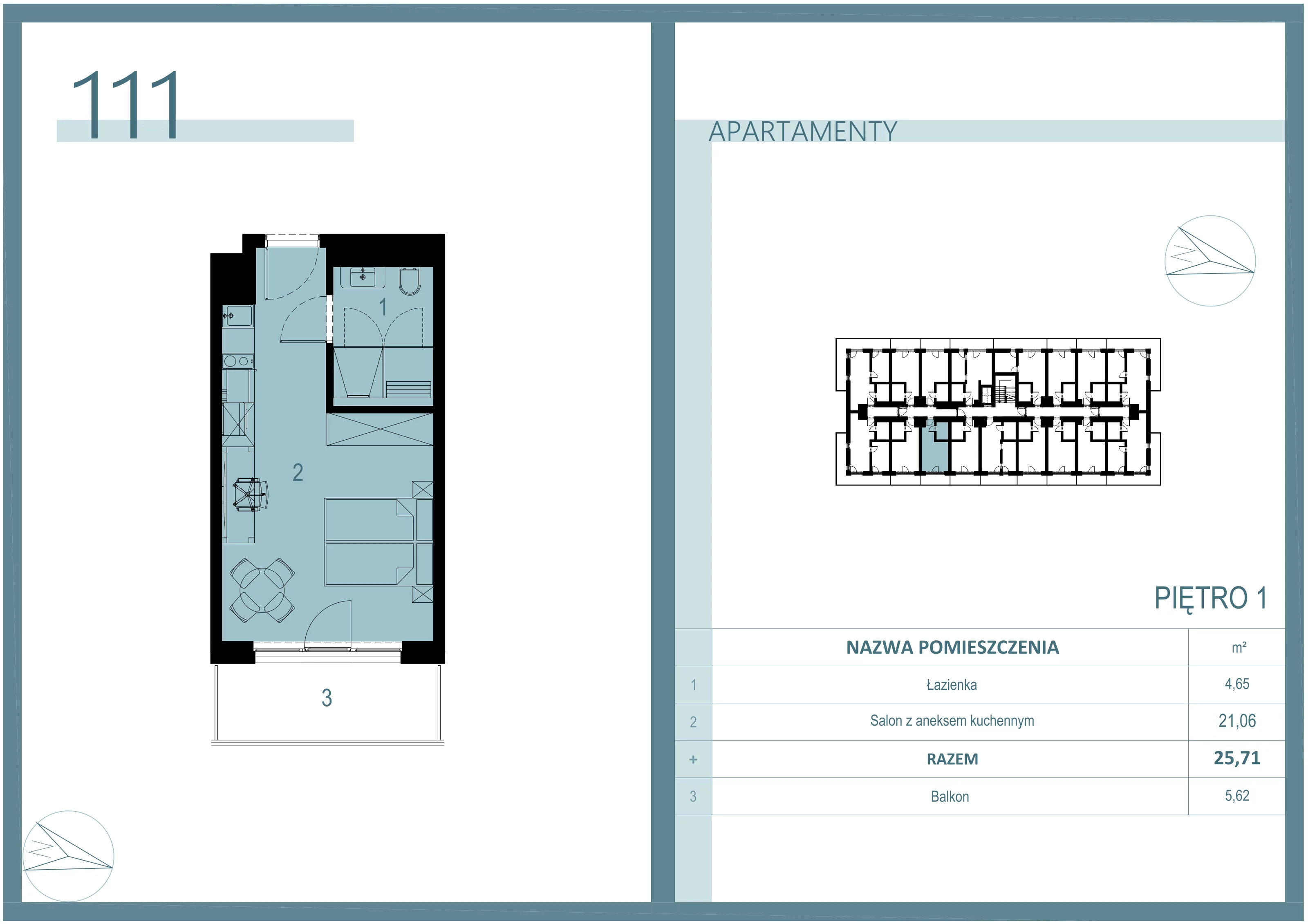 1 pokój, apartament 25,71 m², piętro 1, oferta nr A/111, Linea Mare Mrzeżyno, Mrzeżyno, ul. Nadmorska 14