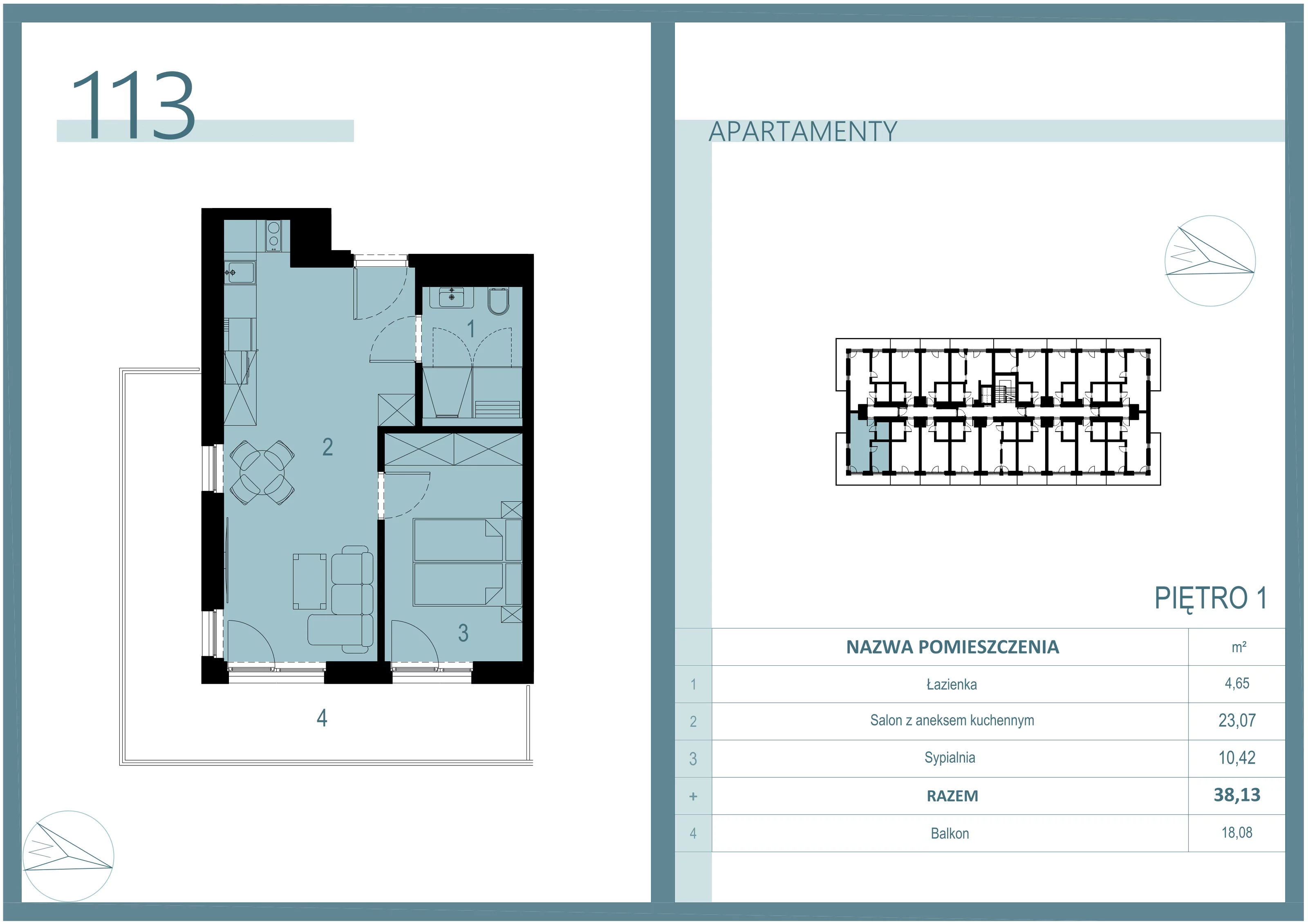 2 pokoje, apartament 38,13 m², piętro 1, oferta nr A/113, Linea Mare Mrzeżyno, Mrzeżyno, ul. Nadmorska 14