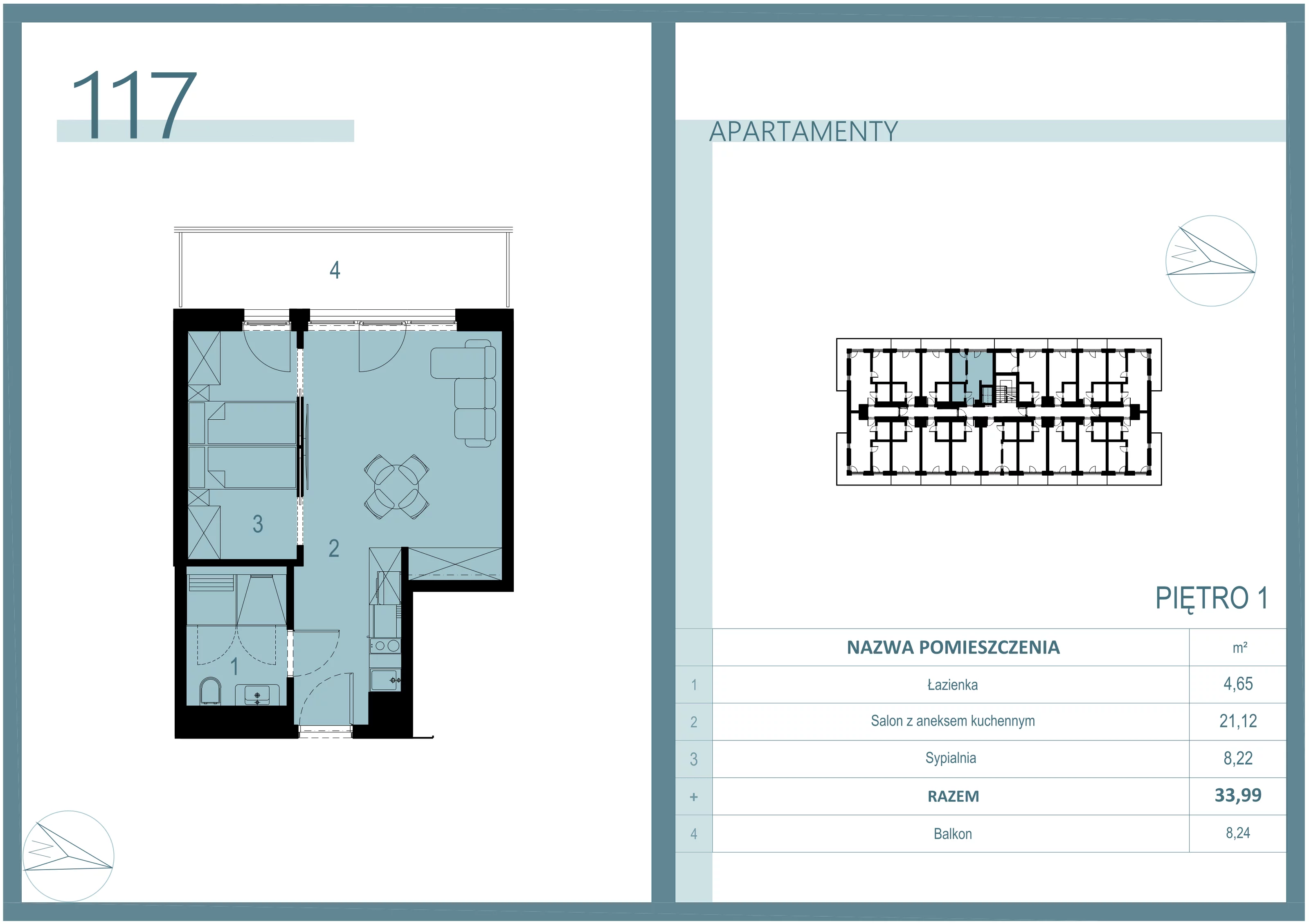 2 pokoje, apartament 33,99 m², piętro 1, oferta nr A/117, Linea Mare Mrzeżyno, Mrzeżyno, ul. Nadmorska 14