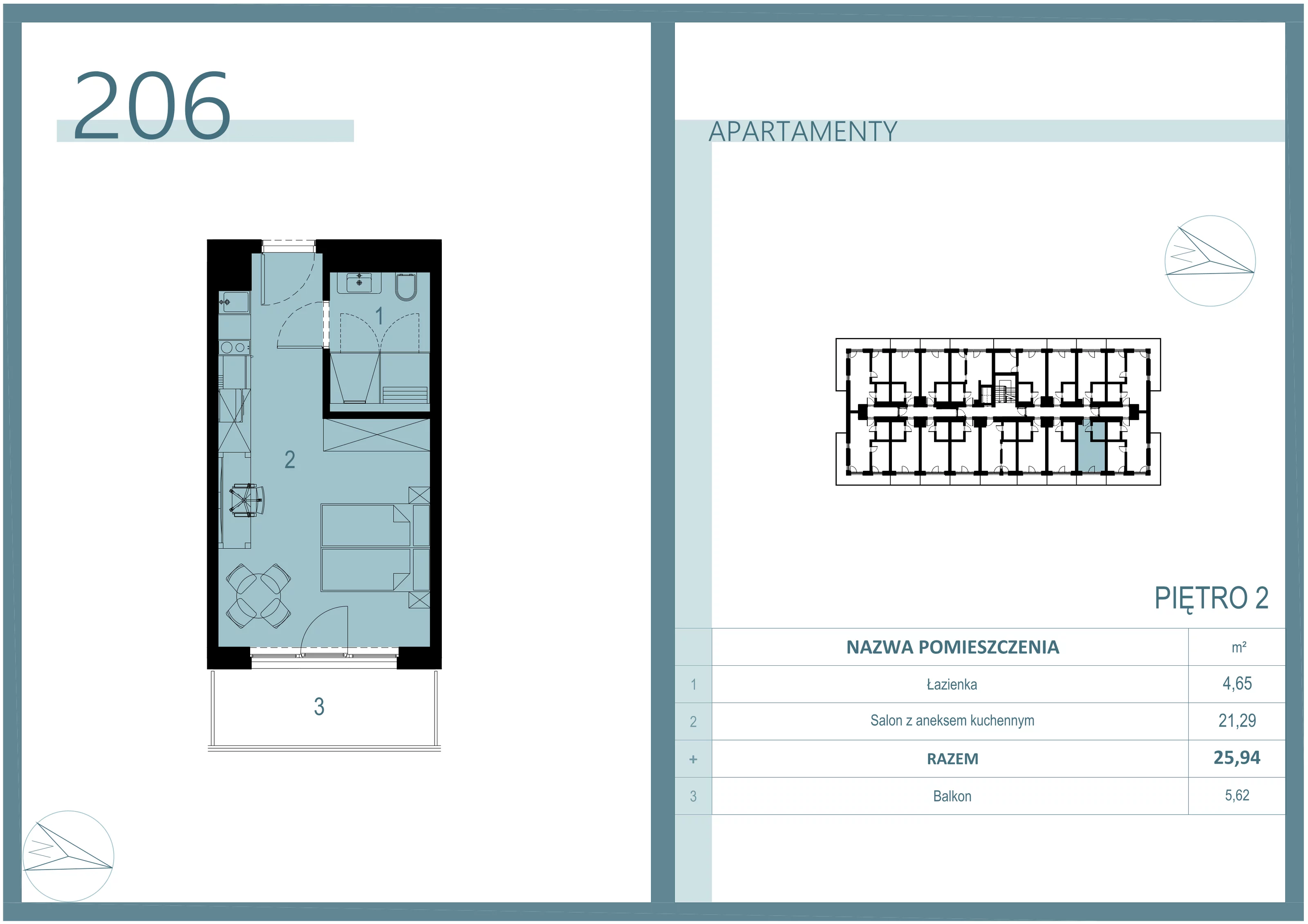 1 pokój, apartament 25,94 m², piętro 2, oferta nr A/206, Linea Mare Mrzeżyno, Mrzeżyno, ul. Nadmorska 14