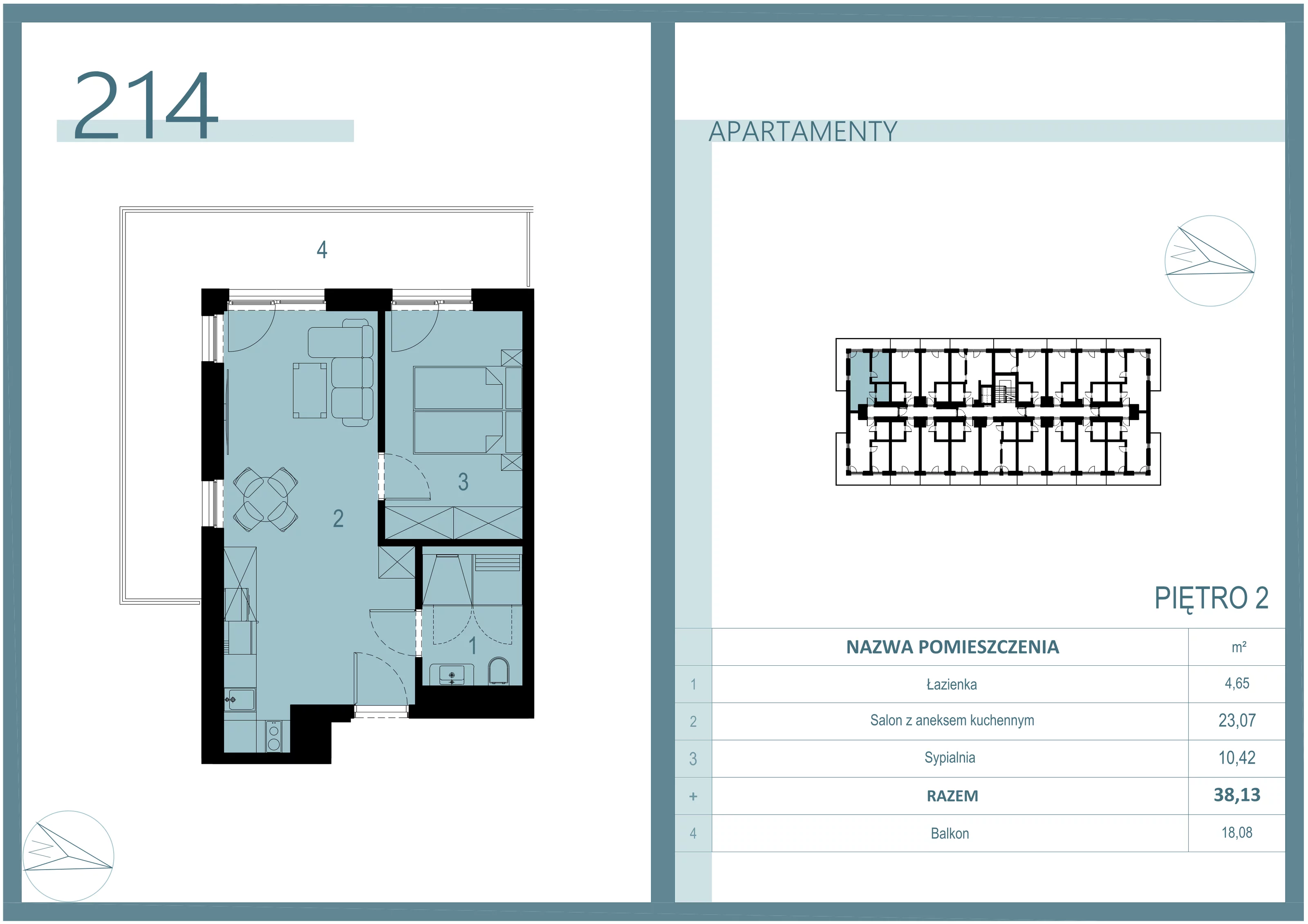 2 pokoje, apartament 38,13 m², piętro 2, oferta nr A/214, Linea Mare Mrzeżyno, Mrzeżyno, ul. Nadmorska 14