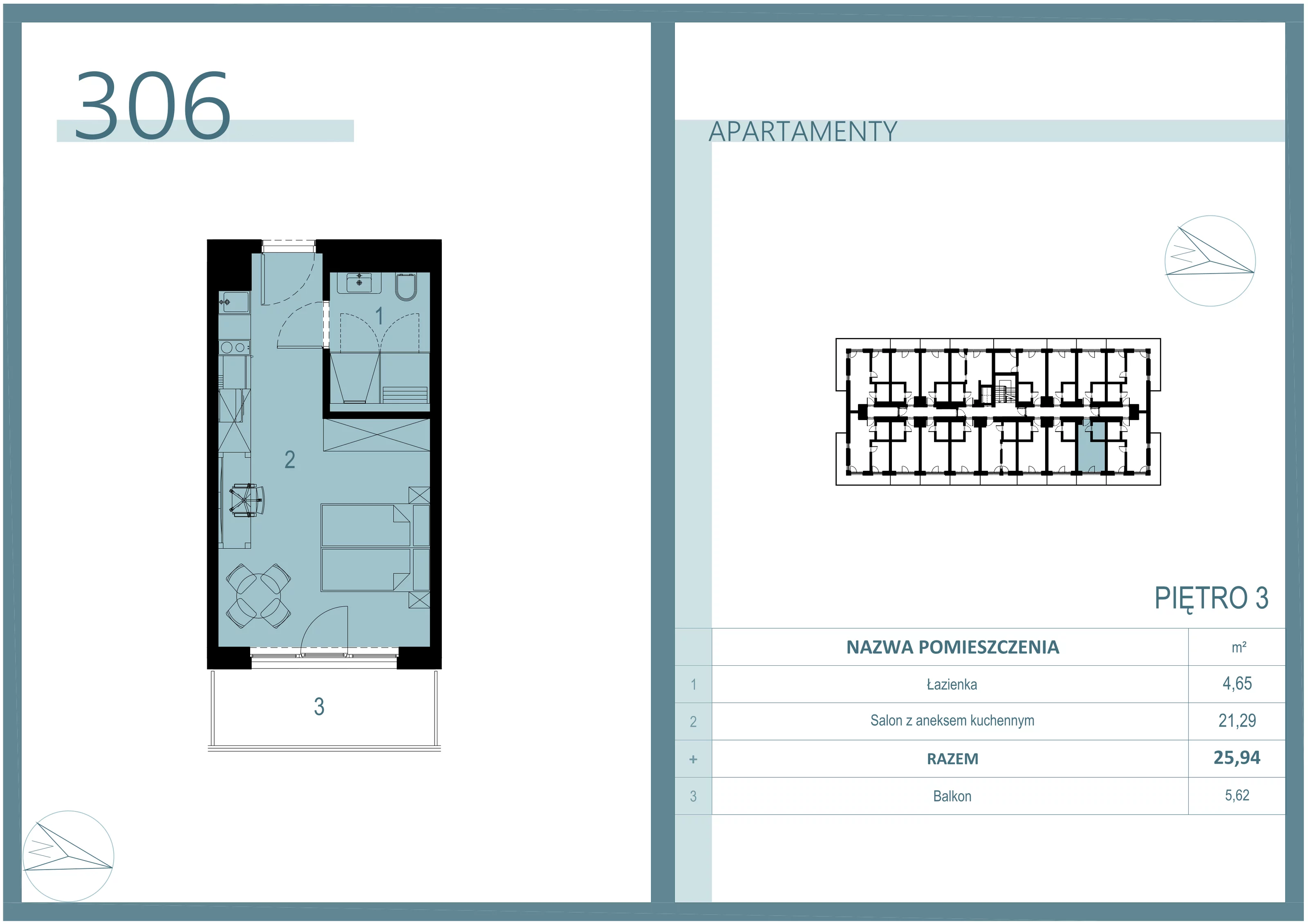 1 pokój, apartament 25,94 m², piętro 3, oferta nr A/306, Linea Mare Mrzeżyno, Mrzeżyno, ul. Nadmorska 14