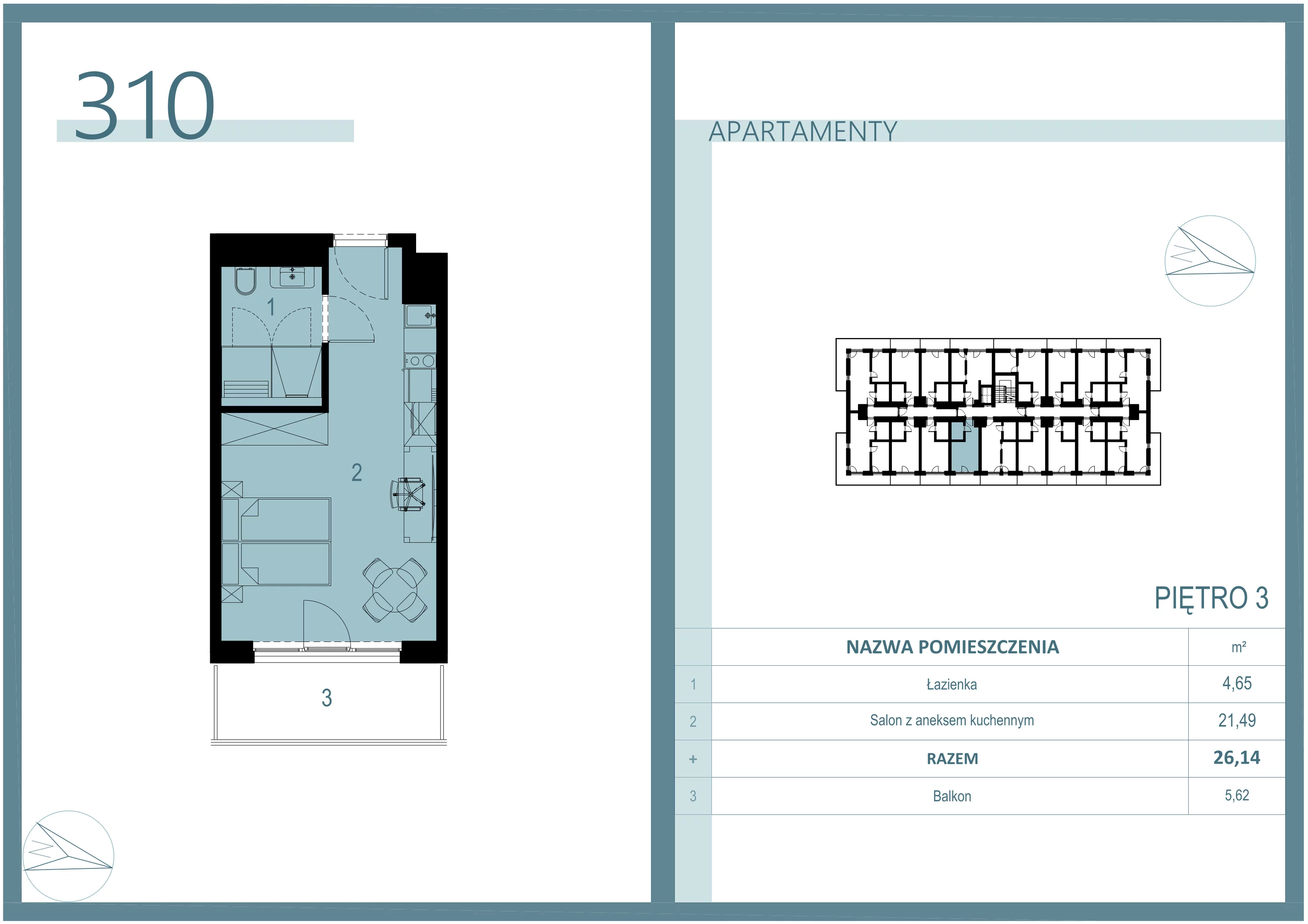 1 pokój, apartament 26,12 m², piętro 3, oferta nr A/310, Linea Mare Mrzeżyno, Mrzeżyno, ul. Nadmorska 14