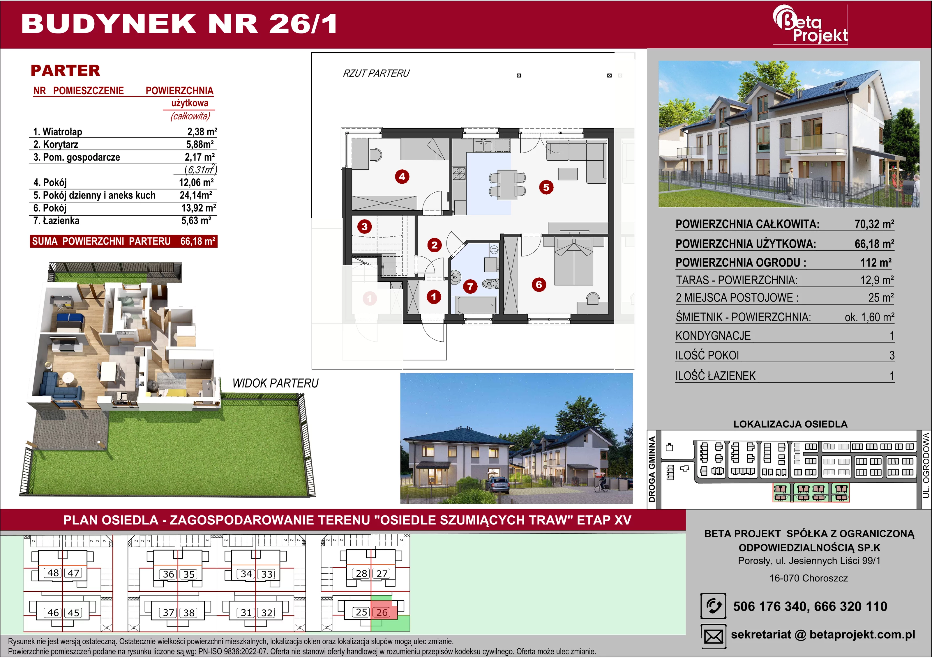 Mieszkanie 66,18 m², parter, oferta nr 1_26, Osiedle Szumiących Traw, Porosły, ul. Jesiennych Liści 99/1