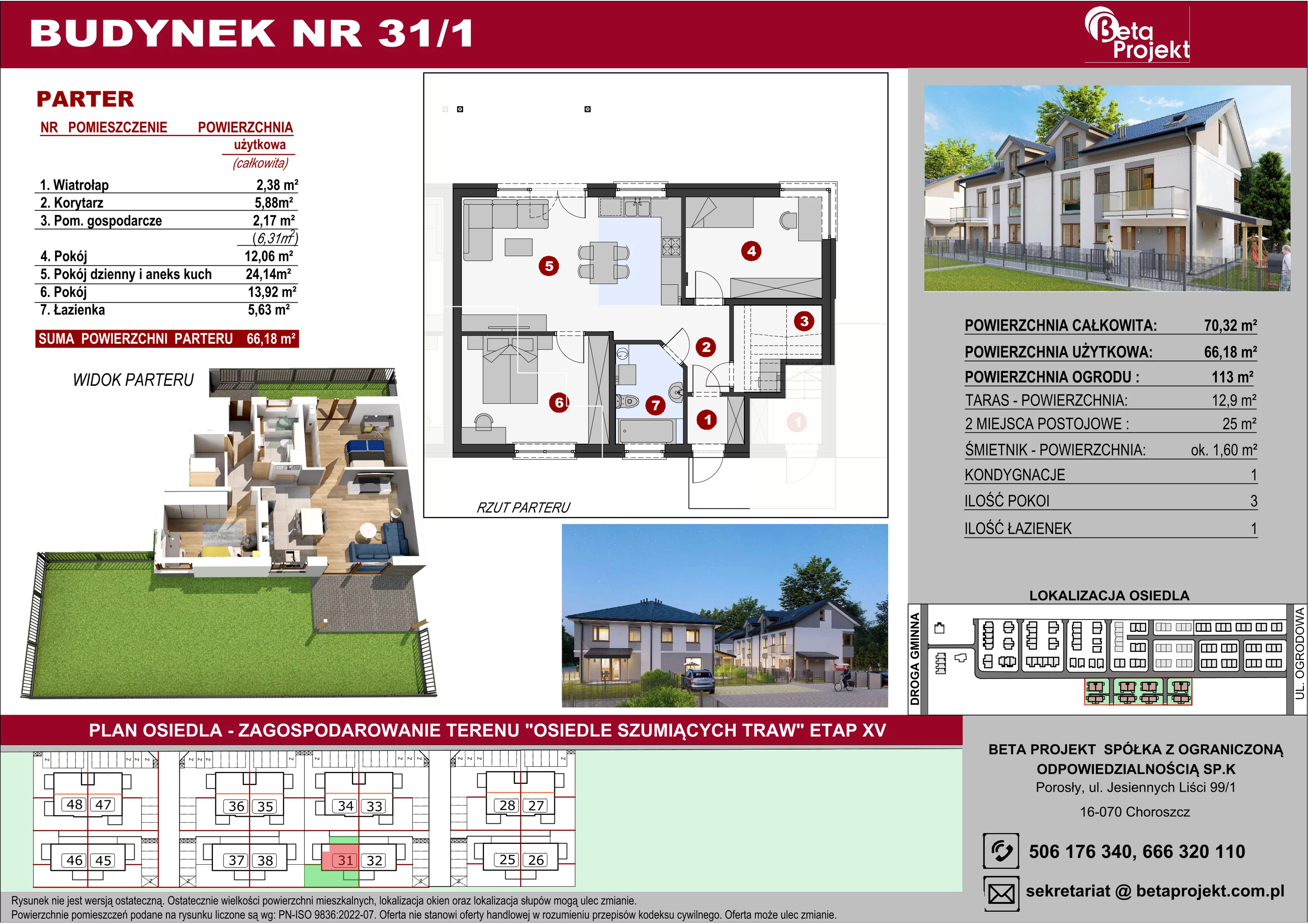 Mieszkanie 66,18 m², parter, oferta nr 1_31, Osiedle Szumiących Traw, Porosły, ul. Jesiennych Liści 99/1