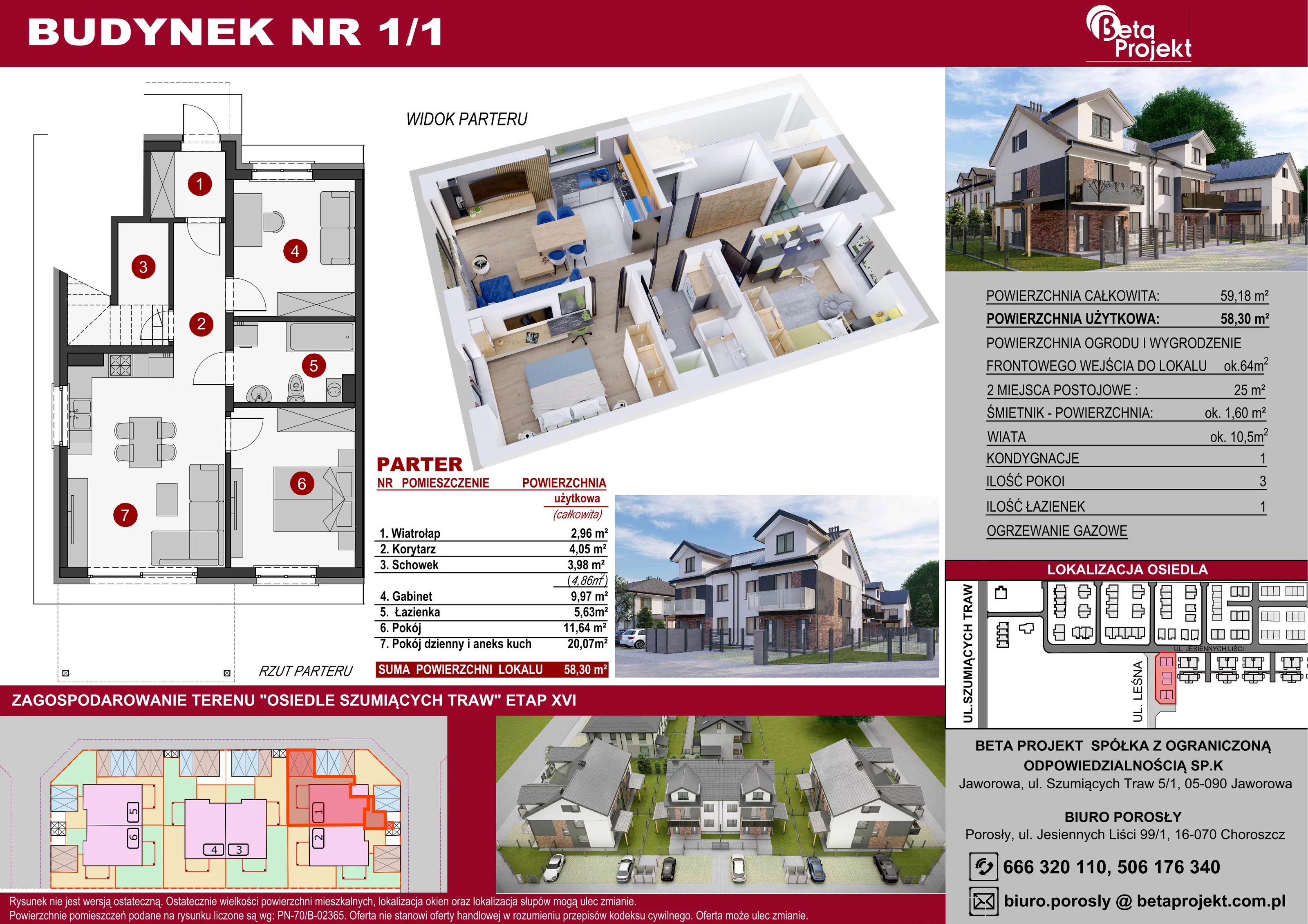3 pokoje, mieszkanie 58,30 m², parter, oferta nr 1.1, Osiedle Szumiących Traw etap XVI, Porosły, ul. Jesiennych Liści 99/1