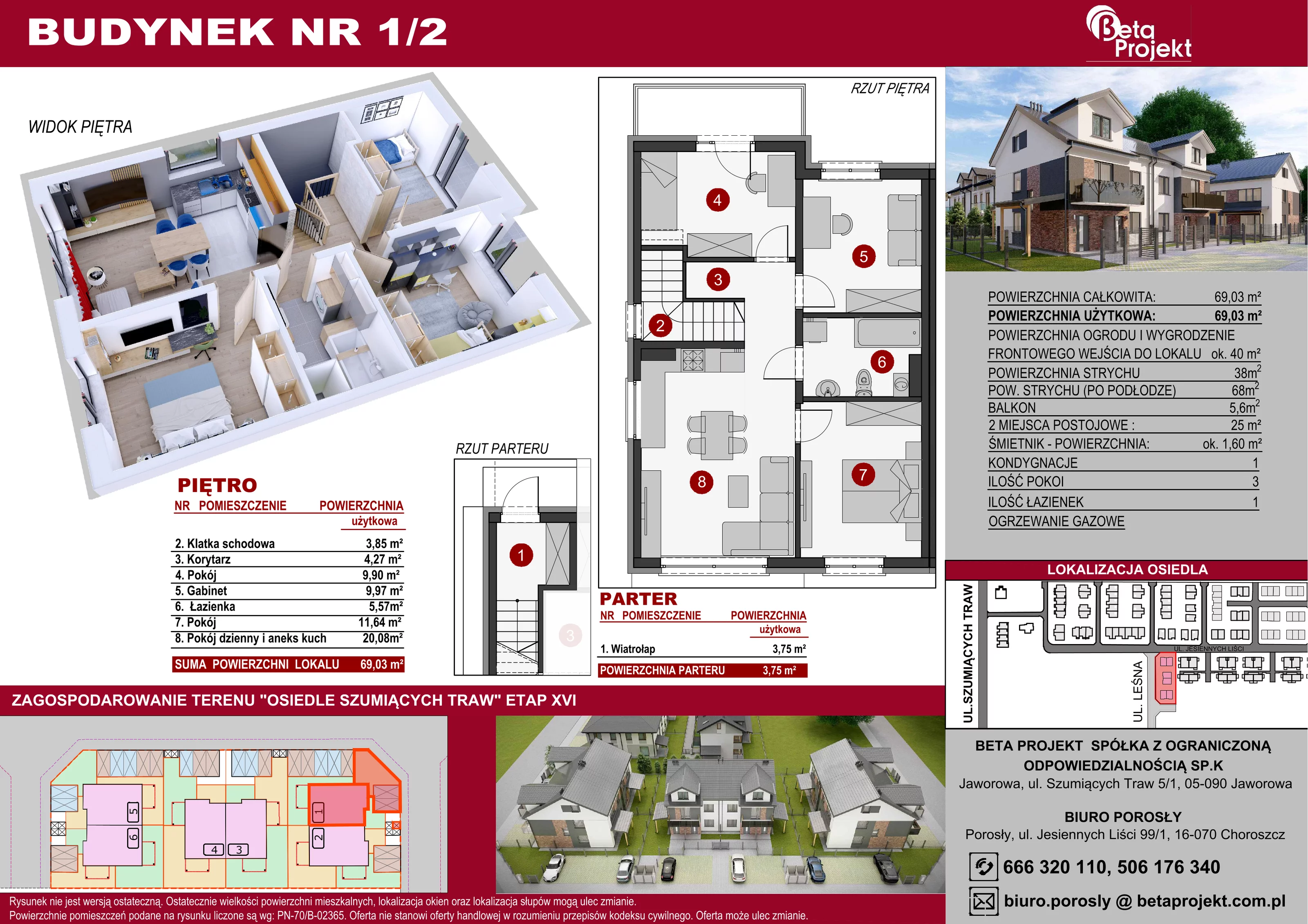 4 pokoje, mieszkanie 69,03 m², piętro 1, oferta nr 1.2, Osiedle Szumiących Traw etap XVI, Porosły, ul. Jesiennych Liści 99/1