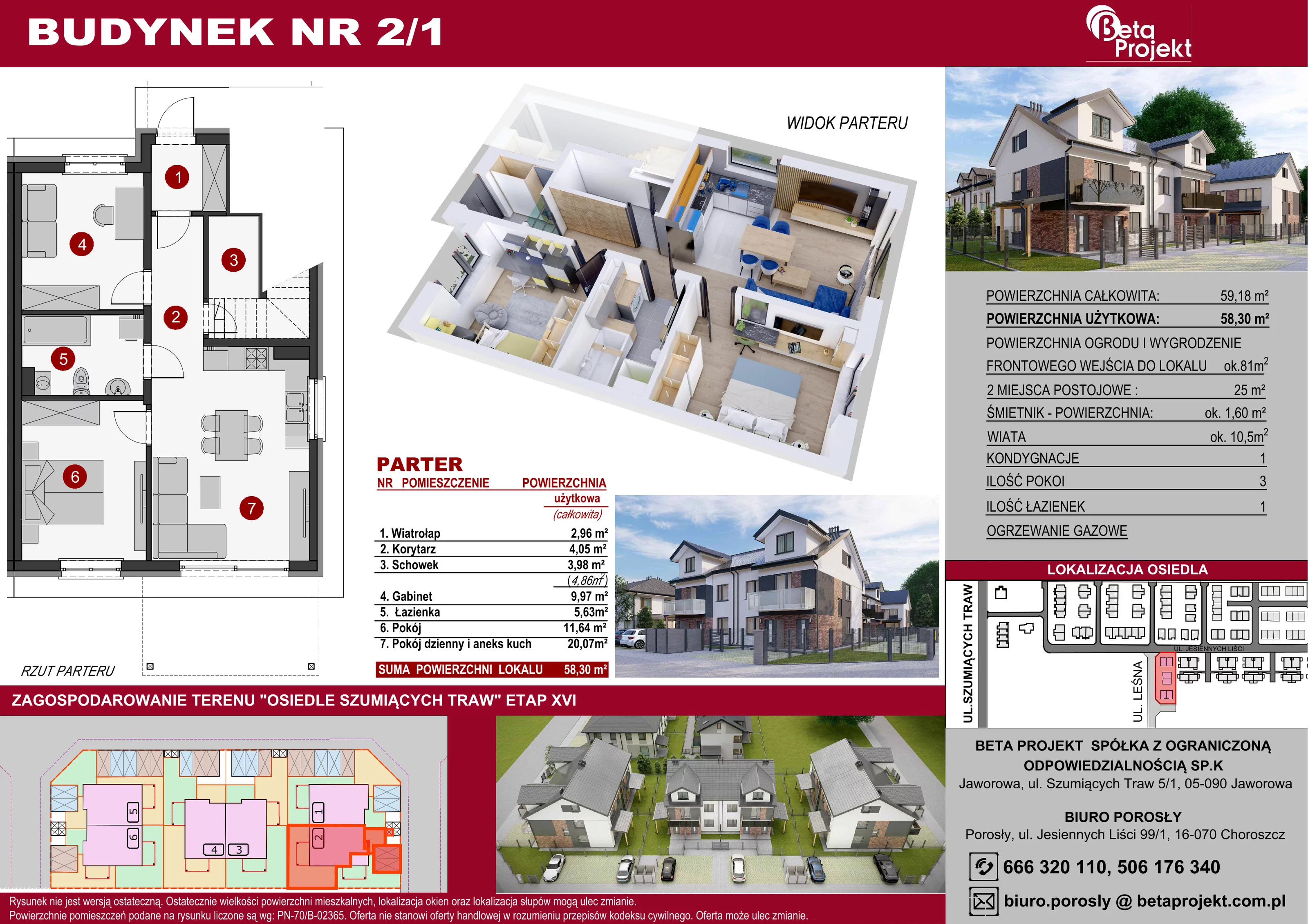 3 pokoje, mieszkanie 58,30 m², parter, oferta nr 2.1, Osiedle Szumiących Traw etap XVI, Porosły, ul. Jesiennych Liści 99/1