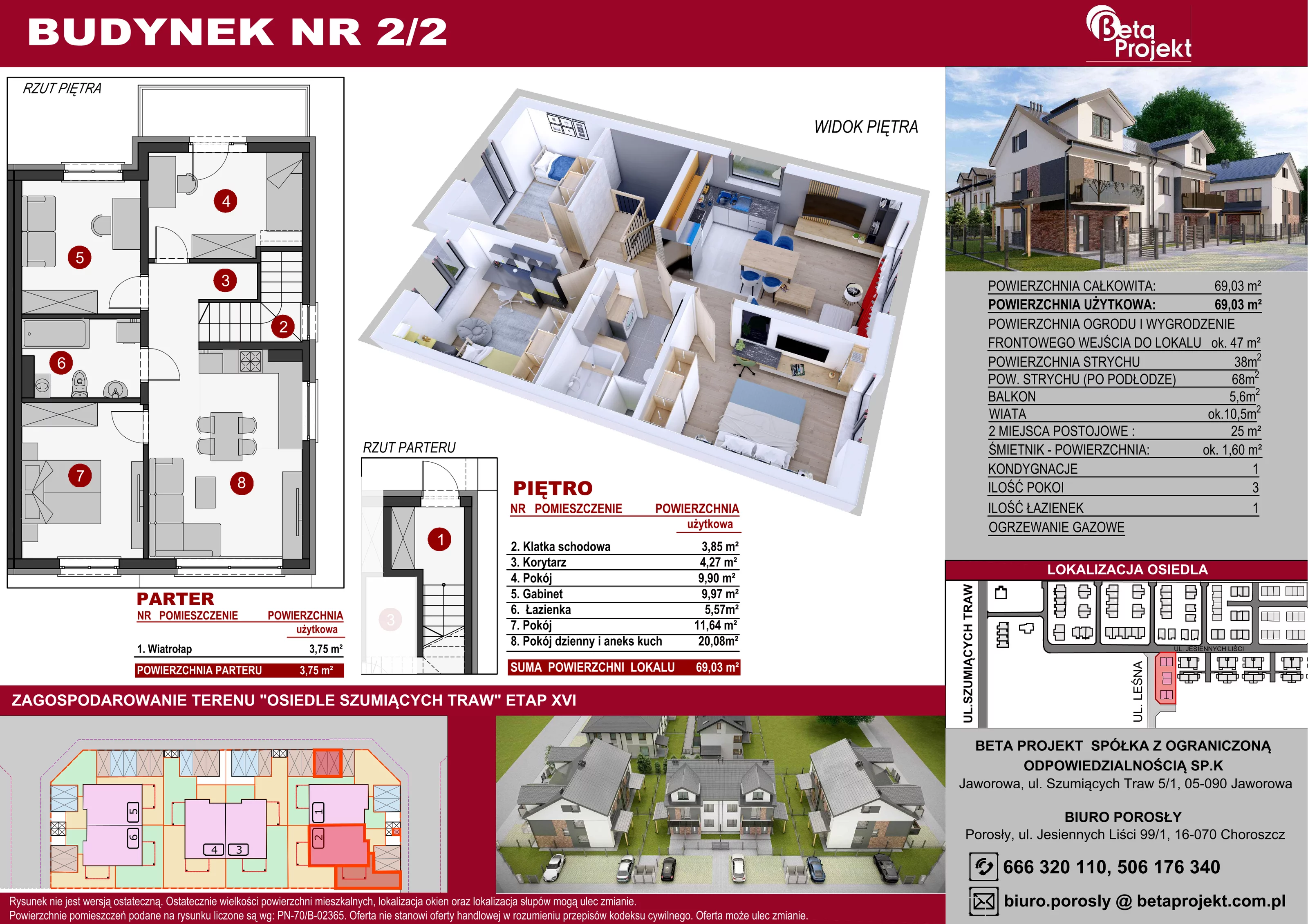 4 pokoje, mieszkanie 69,03 m², piętro 1, oferta nr 2.2, Osiedle Szumiących Traw etap XVI, Porosły, ul. Jesiennych Liści 99/1