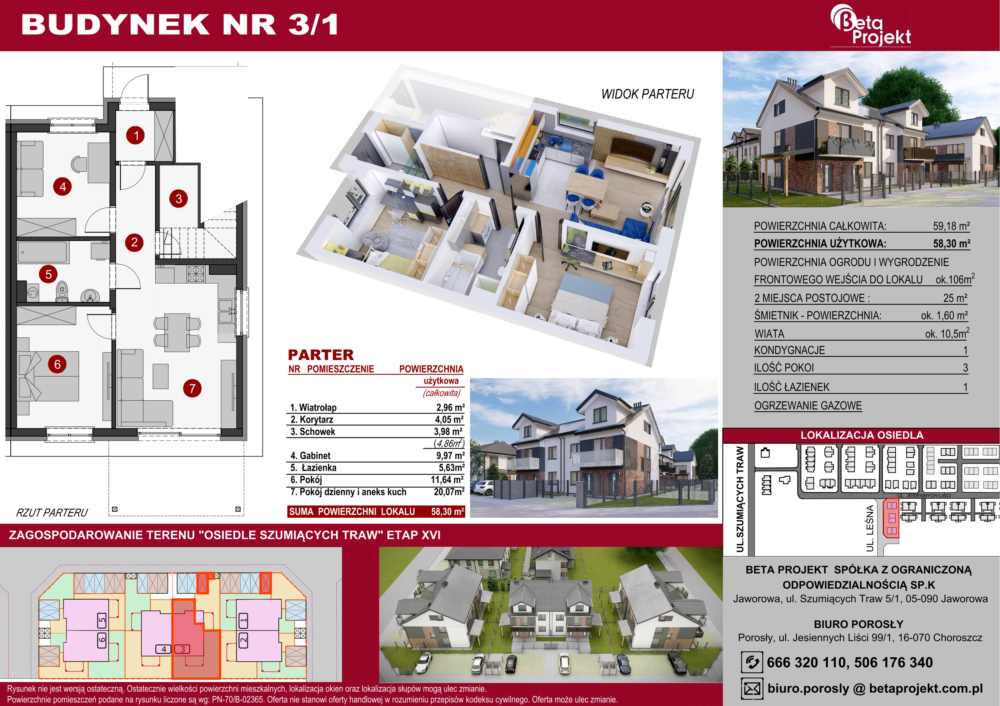 3 pokoje, mieszkanie 58,30 m², parter, oferta nr 3.1, Osiedle Szumiących Traw etap XVI, Porosły, ul. Jesiennych Liści 99/1