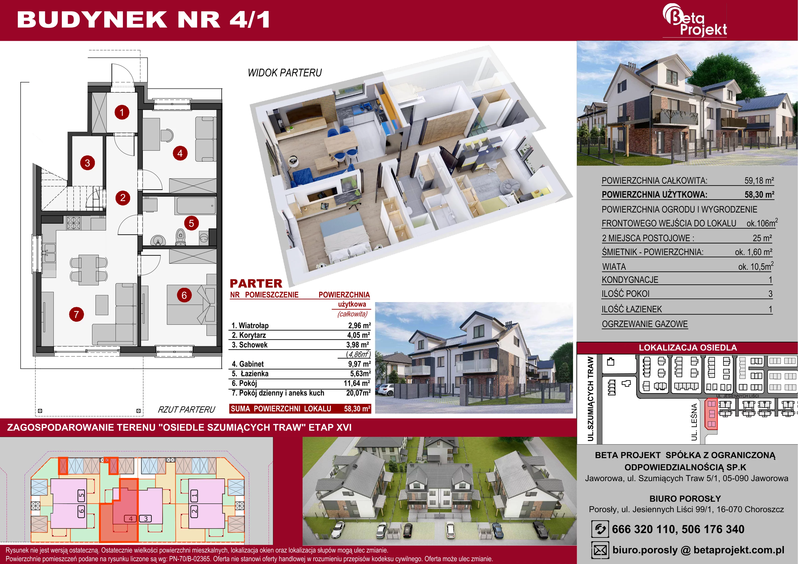 3 pokoje, mieszkanie 58,30 m², parter, oferta nr 4.1, Osiedle Szumiących Traw etap XVI, Porosły, ul. Jesiennych Liści 99/1