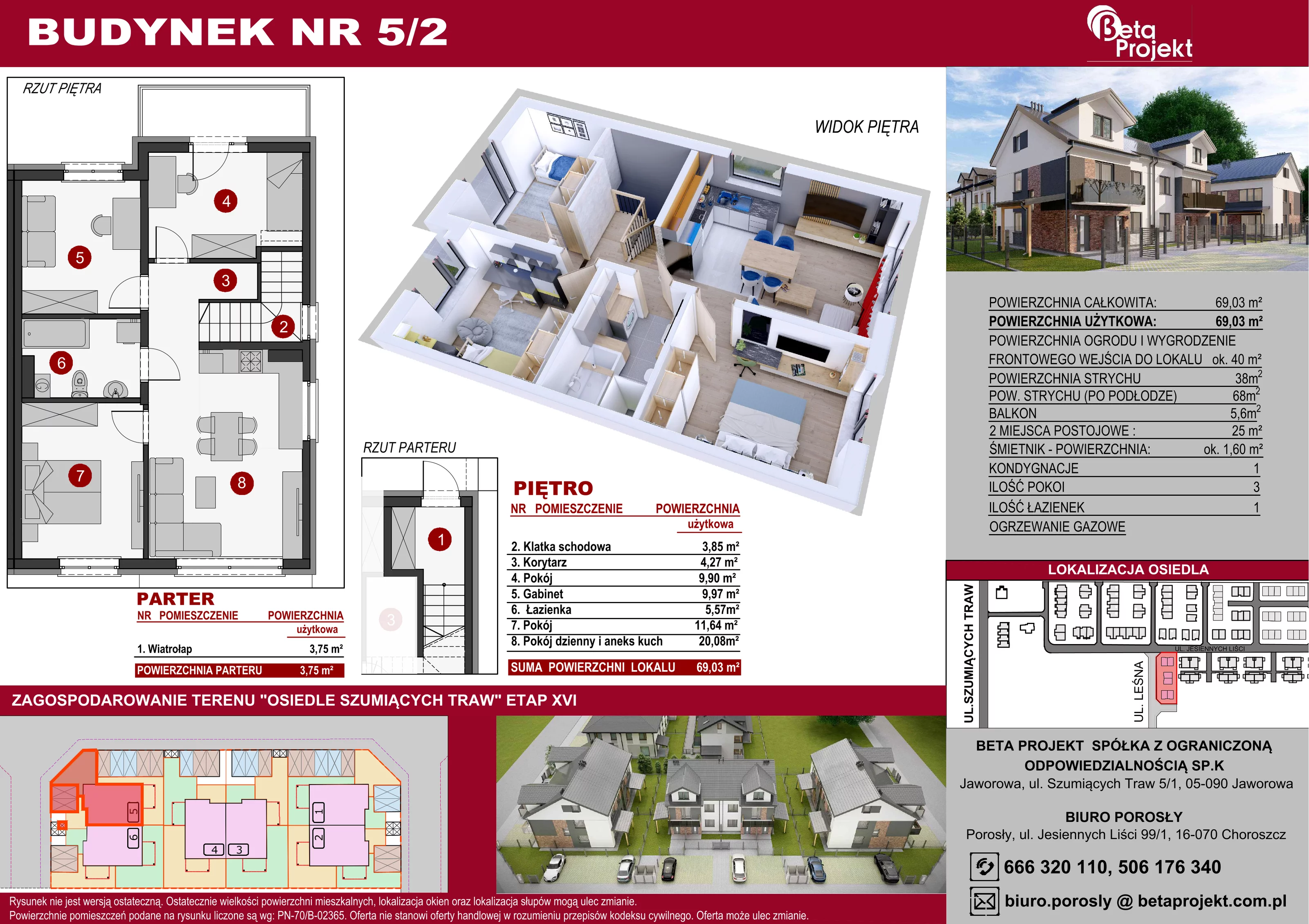 4 pokoje, mieszkanie 69,03 m², piętro 1, oferta nr 5.2, Osiedle Szumiących Traw etap XVI, Porosły, ul. Jesiennych Liści 99/1