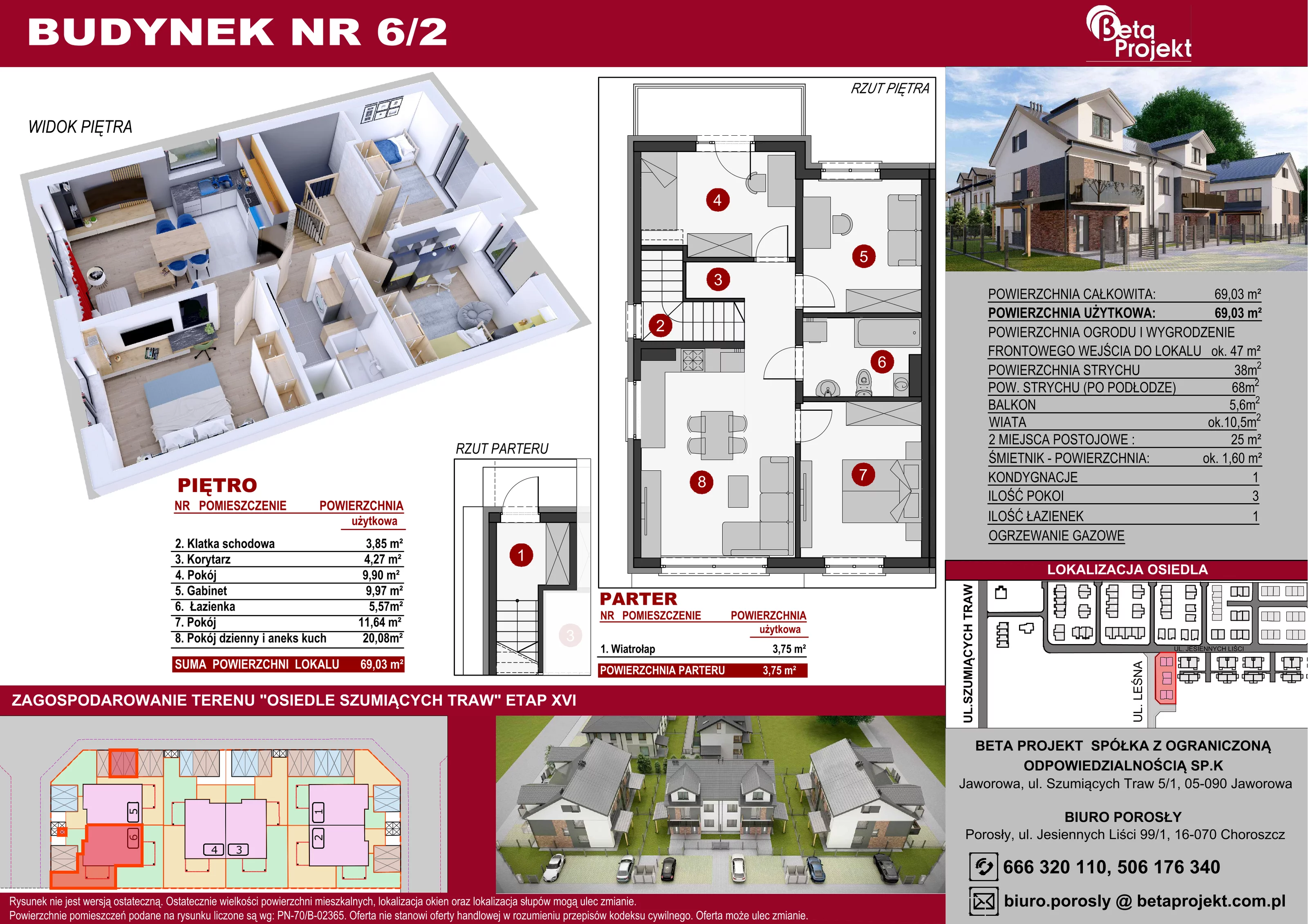 4 pokoje, mieszkanie 69,03 m², piętro 1, oferta nr 6.2, Osiedle Szumiących Traw etap XVI, Porosły, ul. Jesiennych Liści 99/1