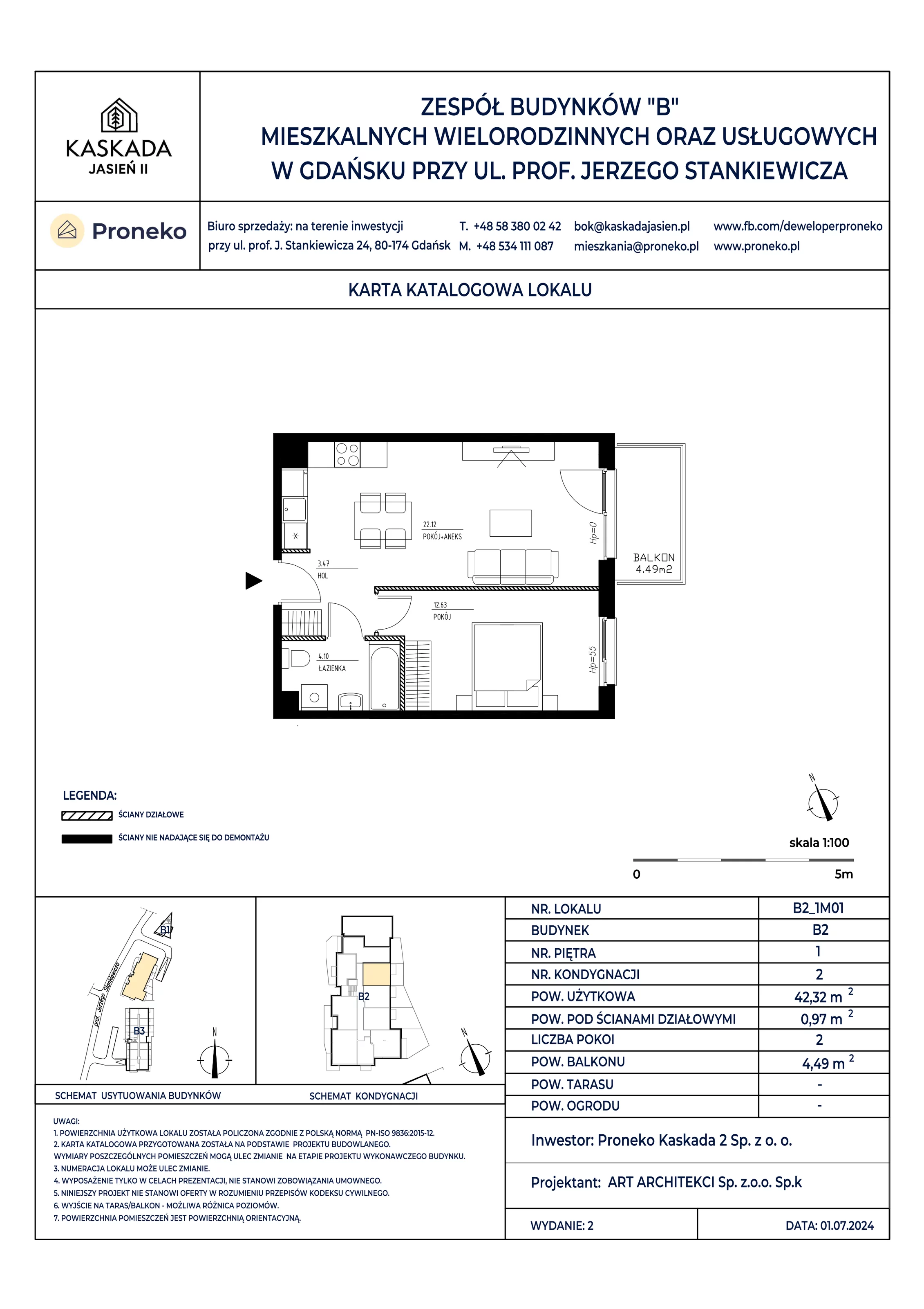 Mieszkanie 42,32 m², piętro 1, oferta nr B2_1M01, Kaskada Jasień II, Gdańsk, Jasień, ul. Stankiewicza 7