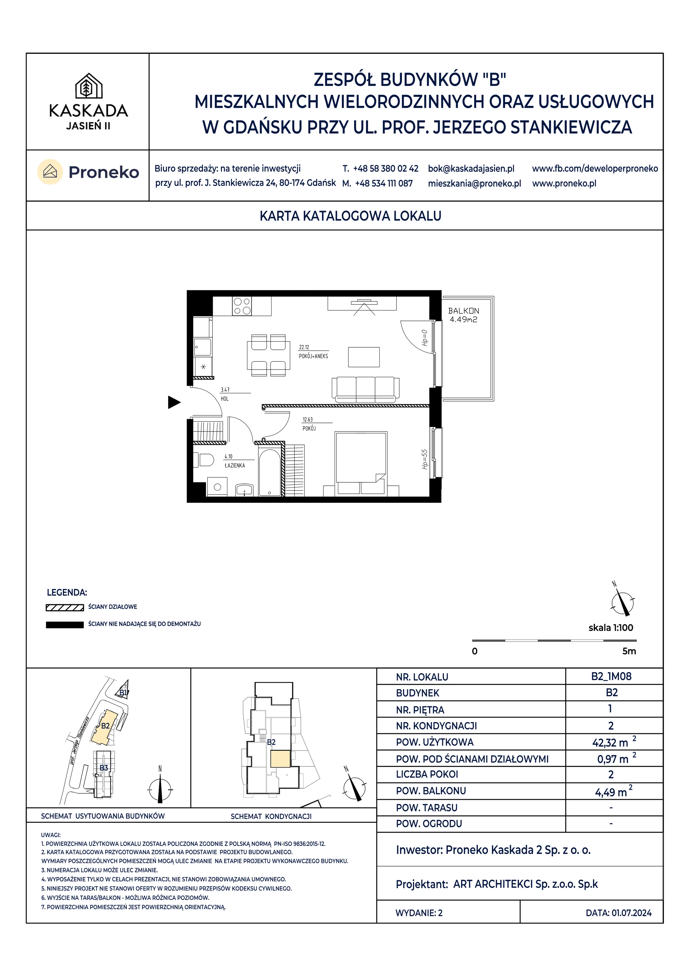 Mieszkanie 42,32 m², piętro 1, oferta nr B2_1M08, Kaskada Jasień II, Gdańsk, Jasień, ul. Stankiewicza 7