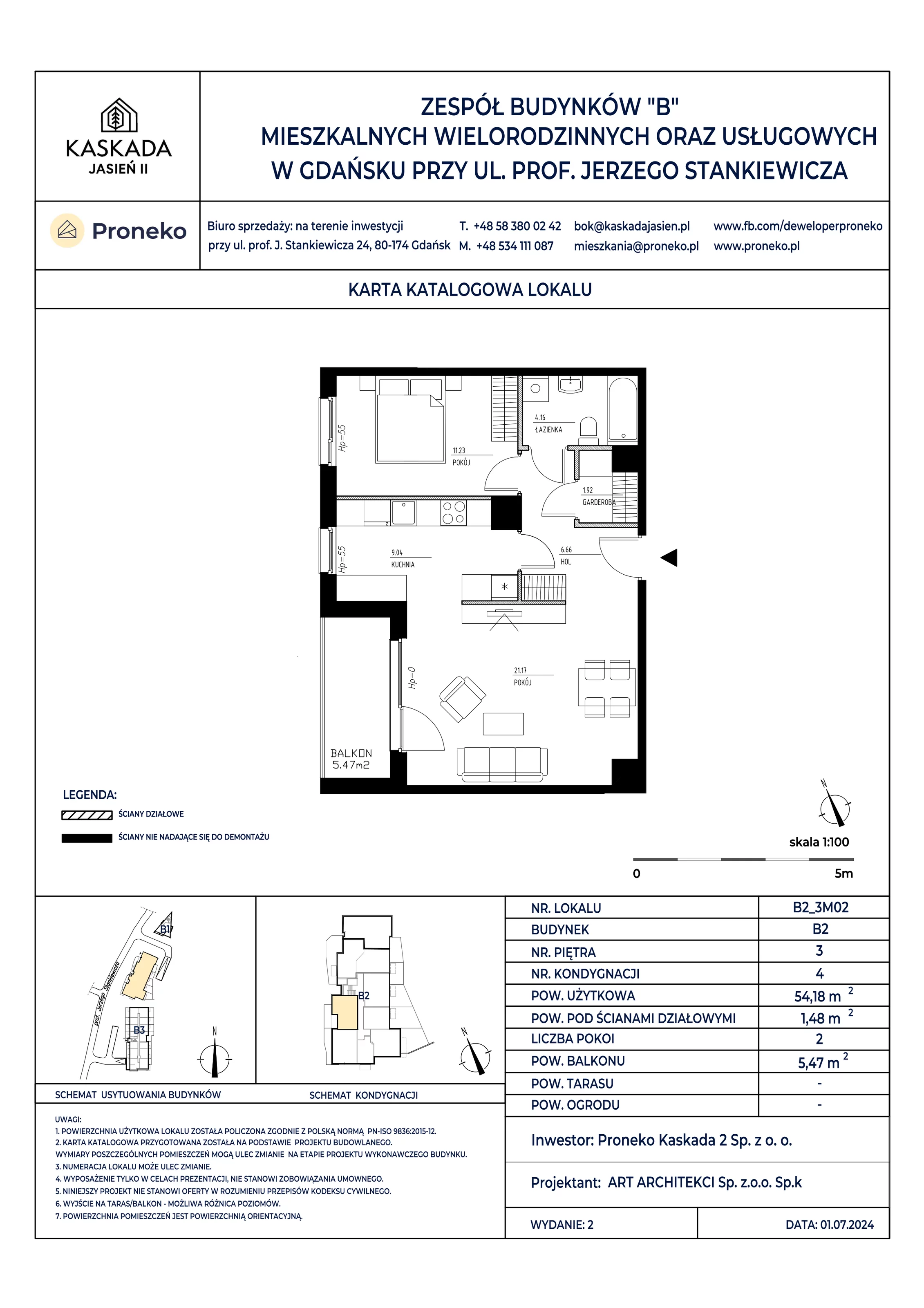 Mieszkanie 54,18 m², piętro 3, oferta nr B2_3M02, Kaskada Jasień II, Gdańsk, Jasień, ul. Stankiewicza 7