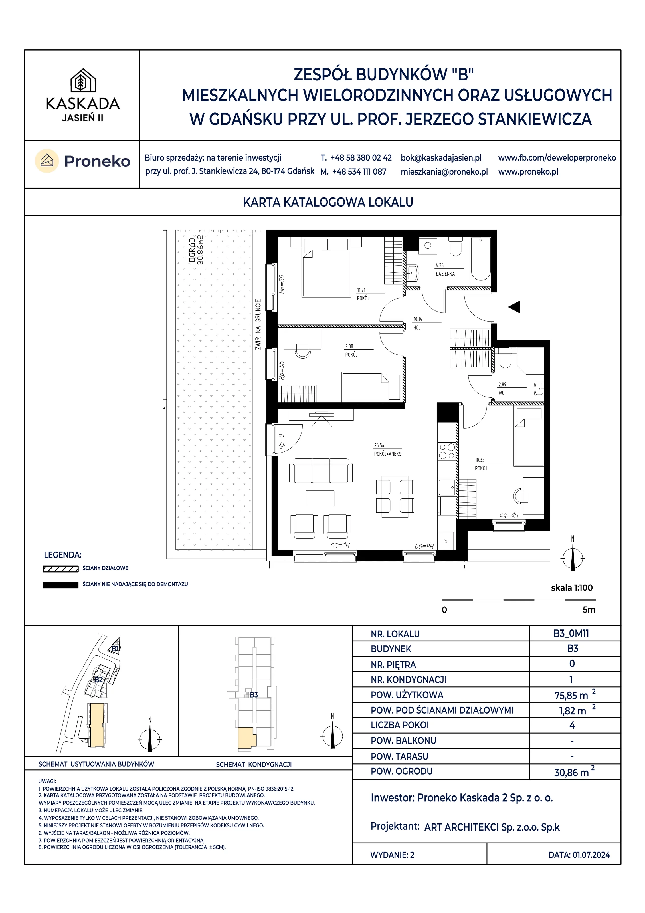 Mieszkanie 75,85 m², parter, oferta nr B3_0M11, Kaskada Jasień II, Gdańsk, Jasień, ul. Stankiewicza 7