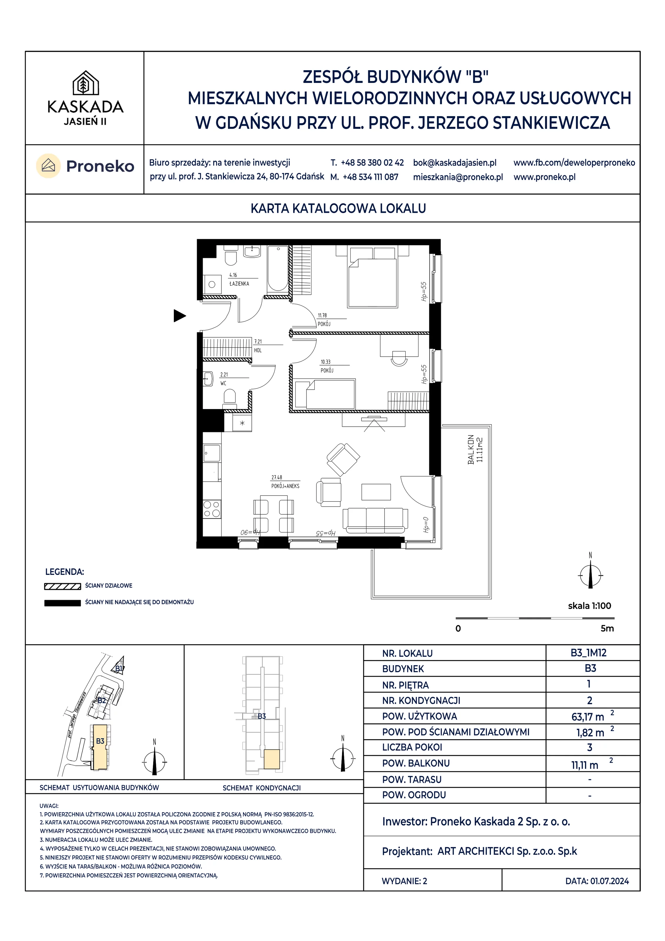 Mieszkanie 63,17 m², piętro 1, oferta nr B3_1M12, Kaskada Jasień II, Gdańsk, Jasień, ul. Stankiewicza 7