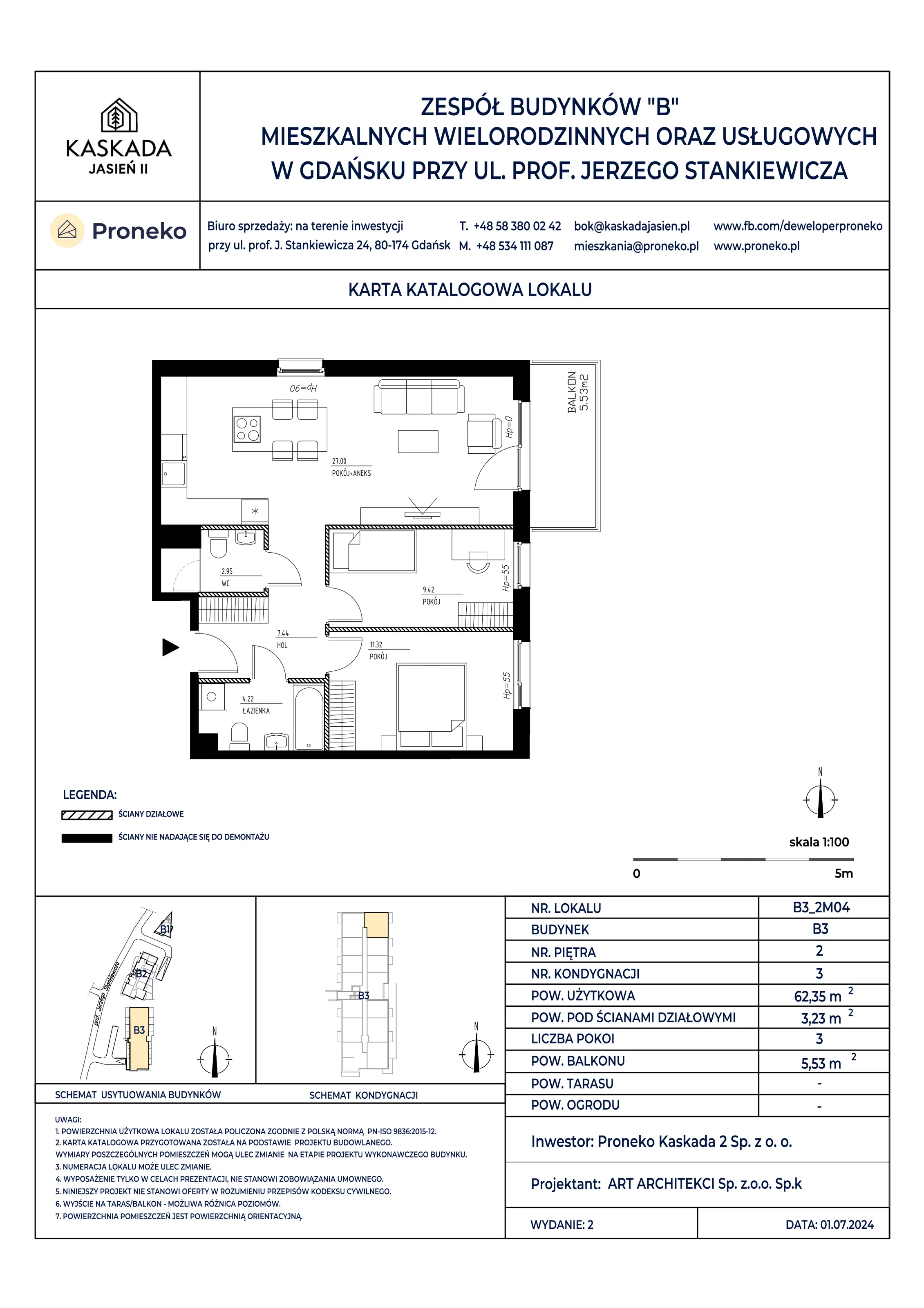 Mieszkanie 62,35 m², piętro 2, oferta nr B3_2M04, Kaskada Jasień II, Gdańsk, Jasień, ul. Stankiewicza 7