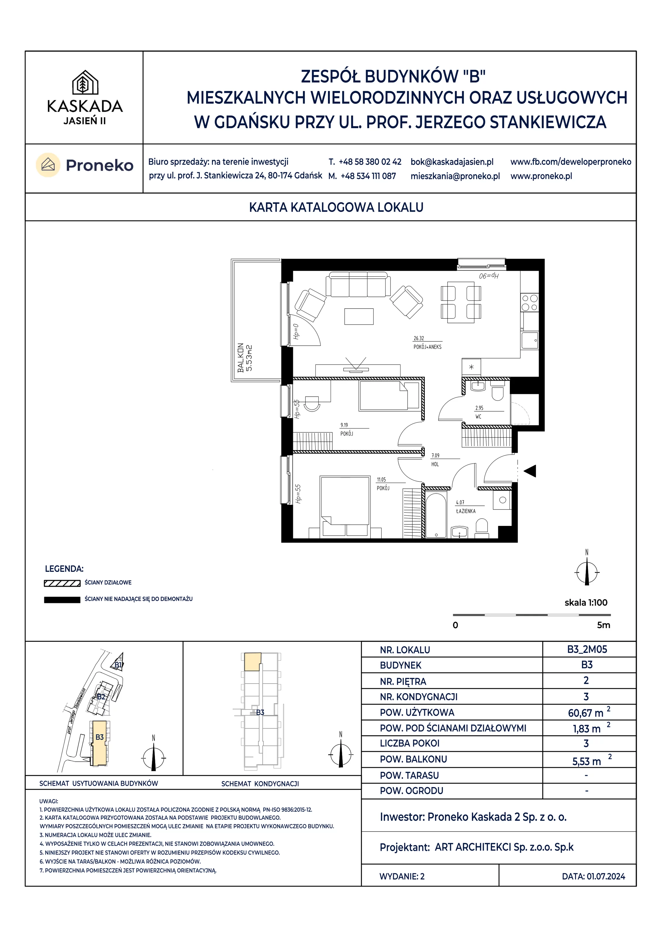 Mieszkanie 60,67 m², piętro 2, oferta nr B3_2M05, Kaskada Jasień II, Gdańsk, Jasień, ul. Stankiewicza 7