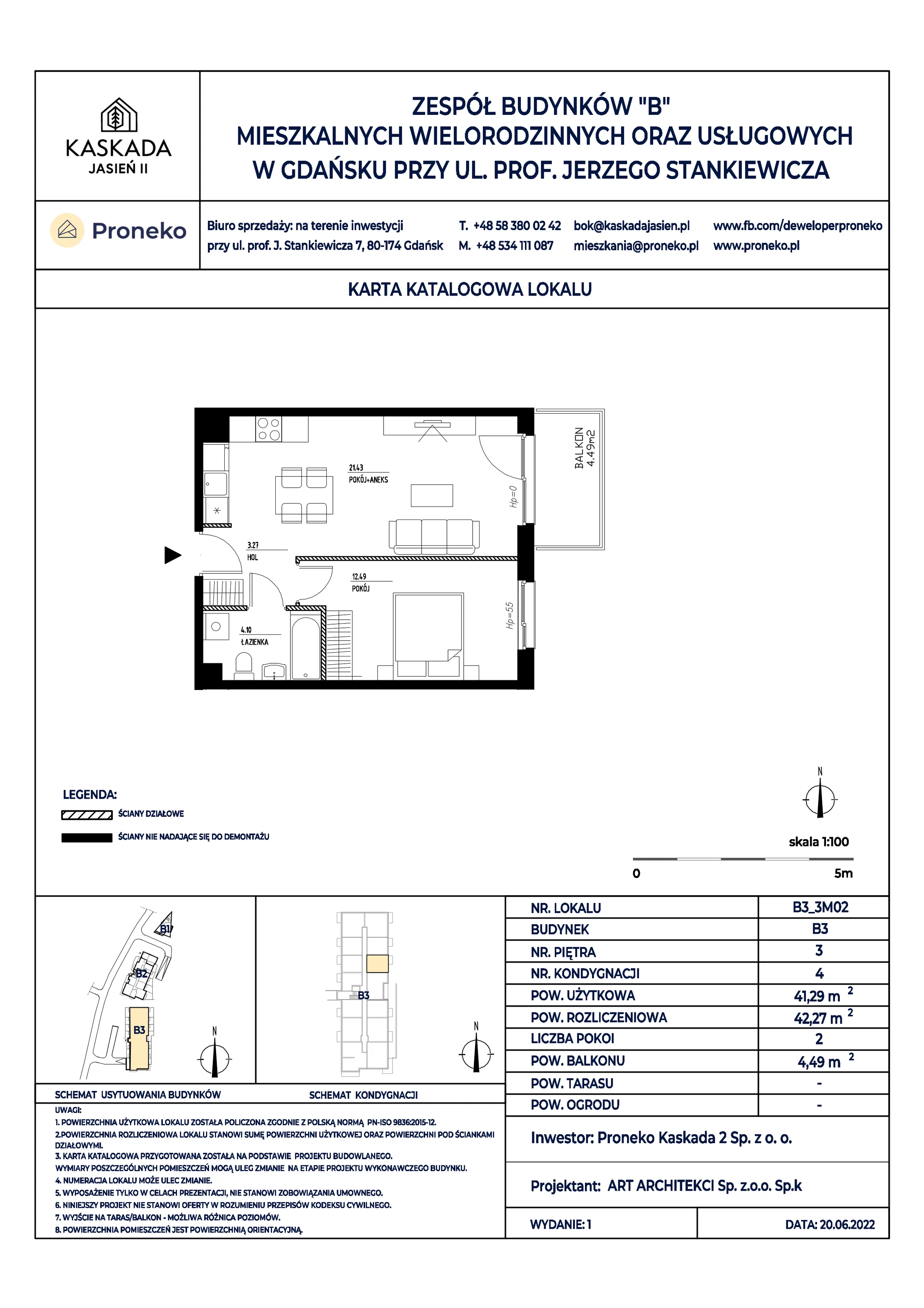 Mieszkanie 41,29 m², piętro 3, oferta nr B3_3M02, Kaskada Jasień II, Gdańsk, Jasień, ul. Stankiewicza 7