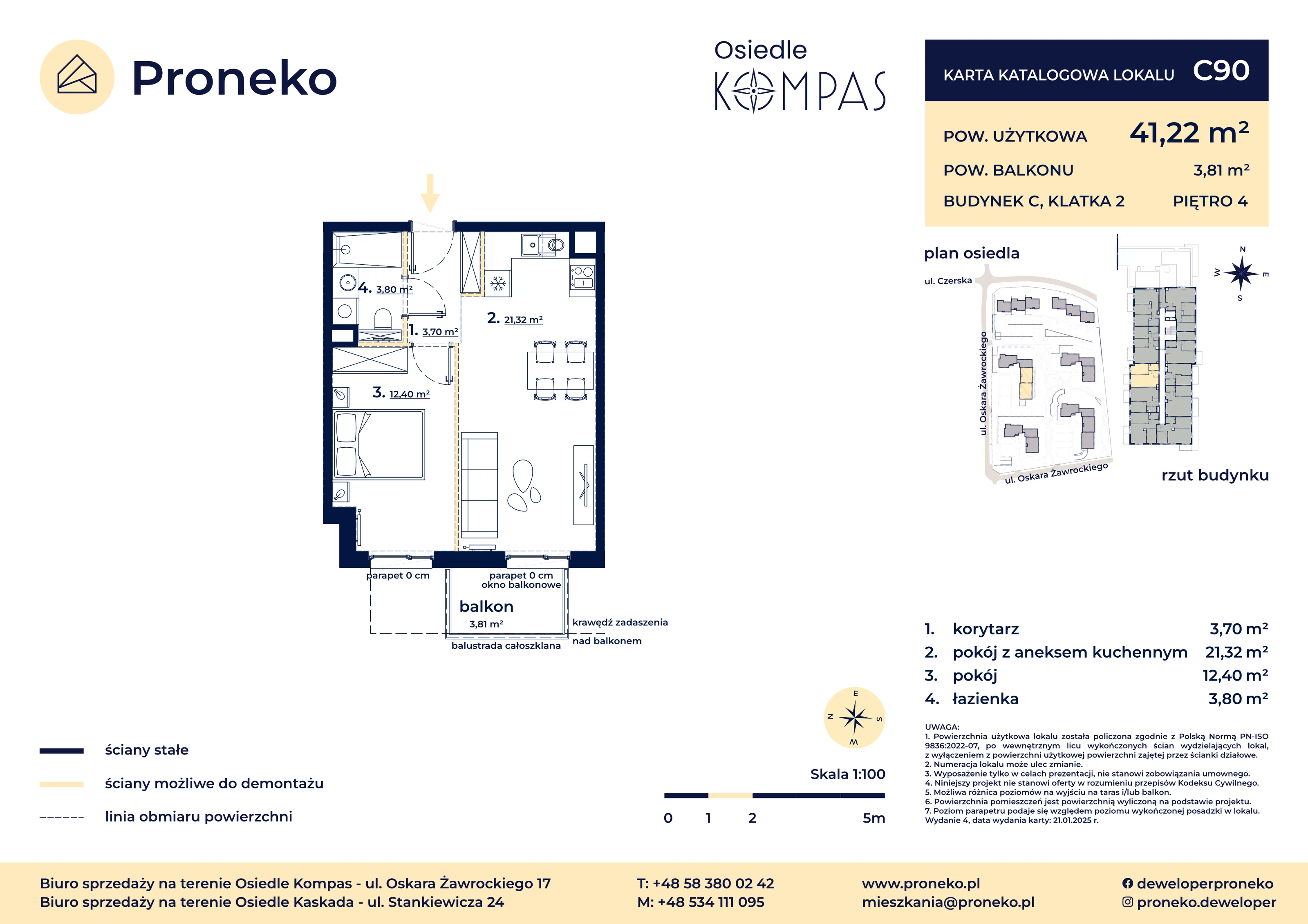 2 pokoje, apartament 41,22 m², piętro 4, oferta nr C90, Osiedle Kompas, Gdańsk, Orunia Górna-Gdańsk Południe, Maćkowy, ul. Czerska 35