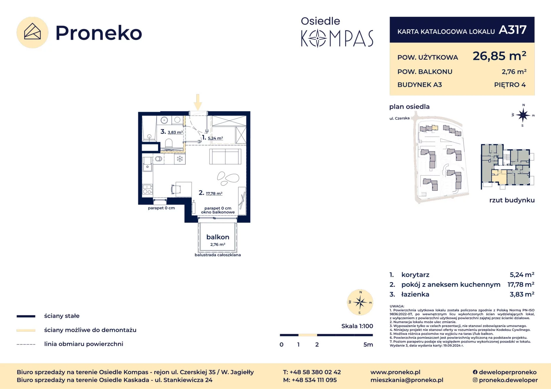 1 pokój, apartament 26,85 m², piętro 4, oferta nr A317, Osiedle Kompas, Gdańsk, Orunia Górna-Gdańsk Południe, Maćkowy, ul. Czerska 35