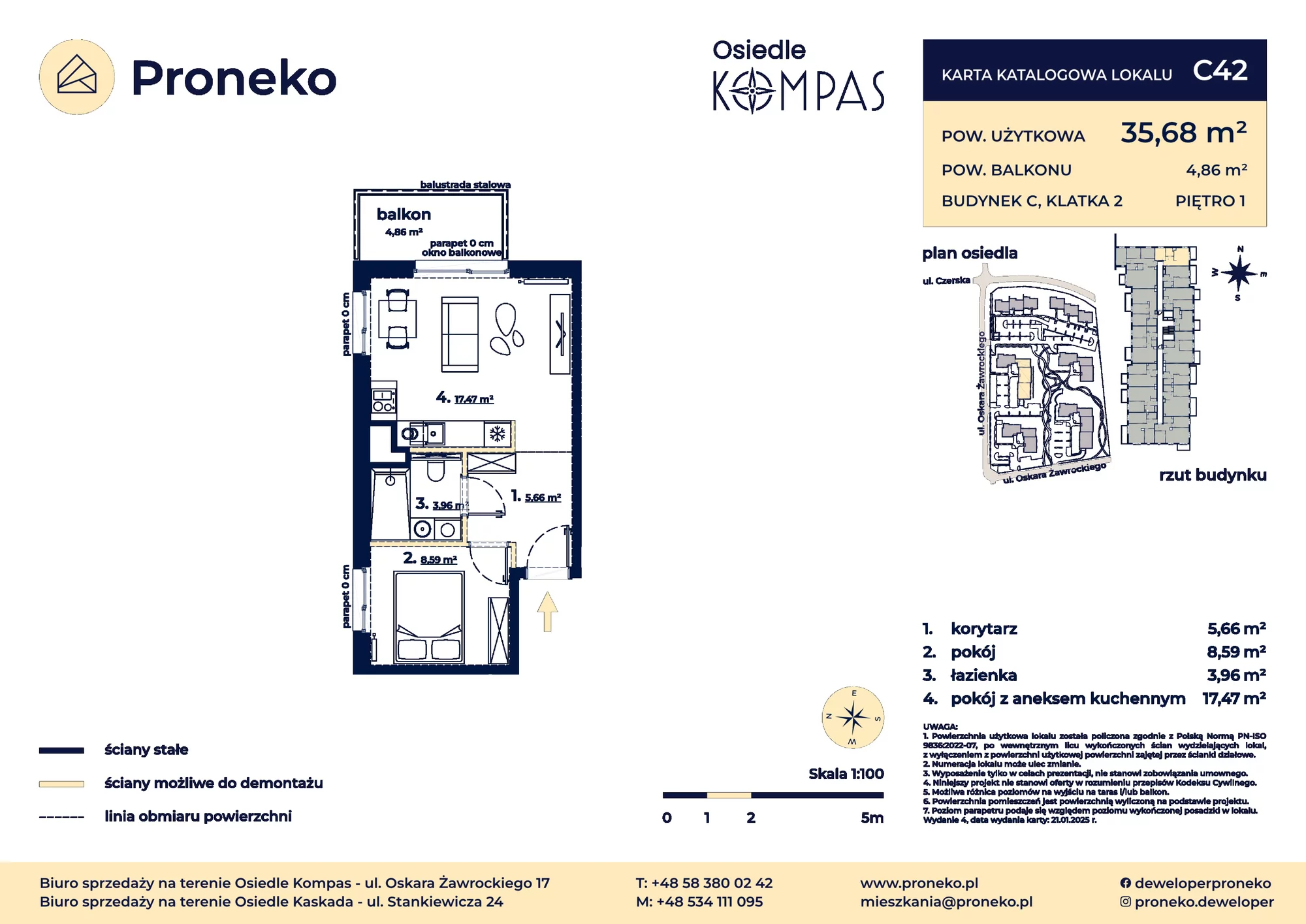 2 pokoje, apartament 35,68 m², piętro 1, oferta nr C42, Osiedle Kompas, Gdańsk, Orunia Górna-Gdańsk Południe, Maćkowy, ul. Czerska 35
