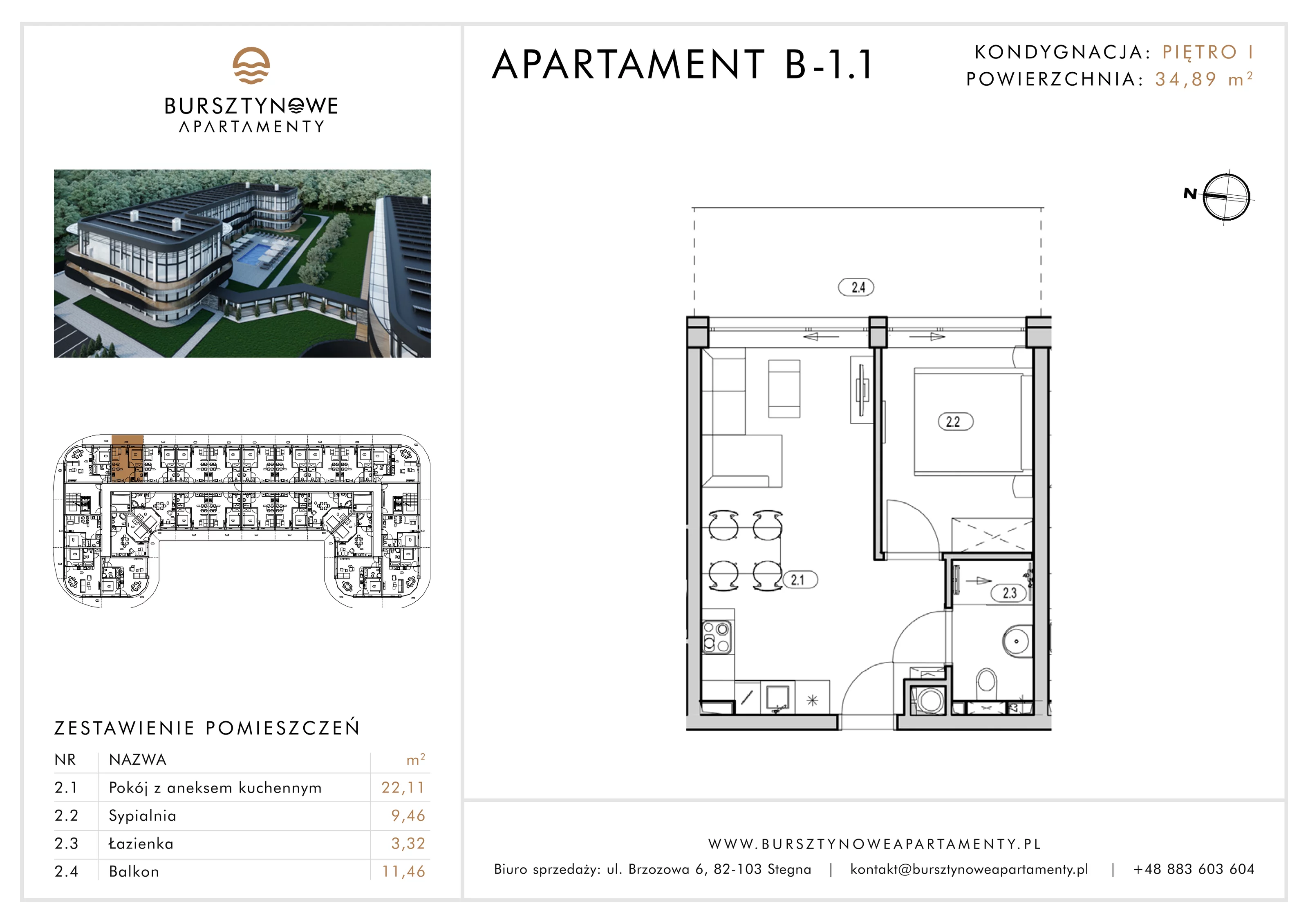 2 pokoje, apartament inwestycyjny 34,89 m², piętro 1, oferta nr B-1.1, Bursztynowe Apartamenty, Stegna, ul. Brzozowa 6