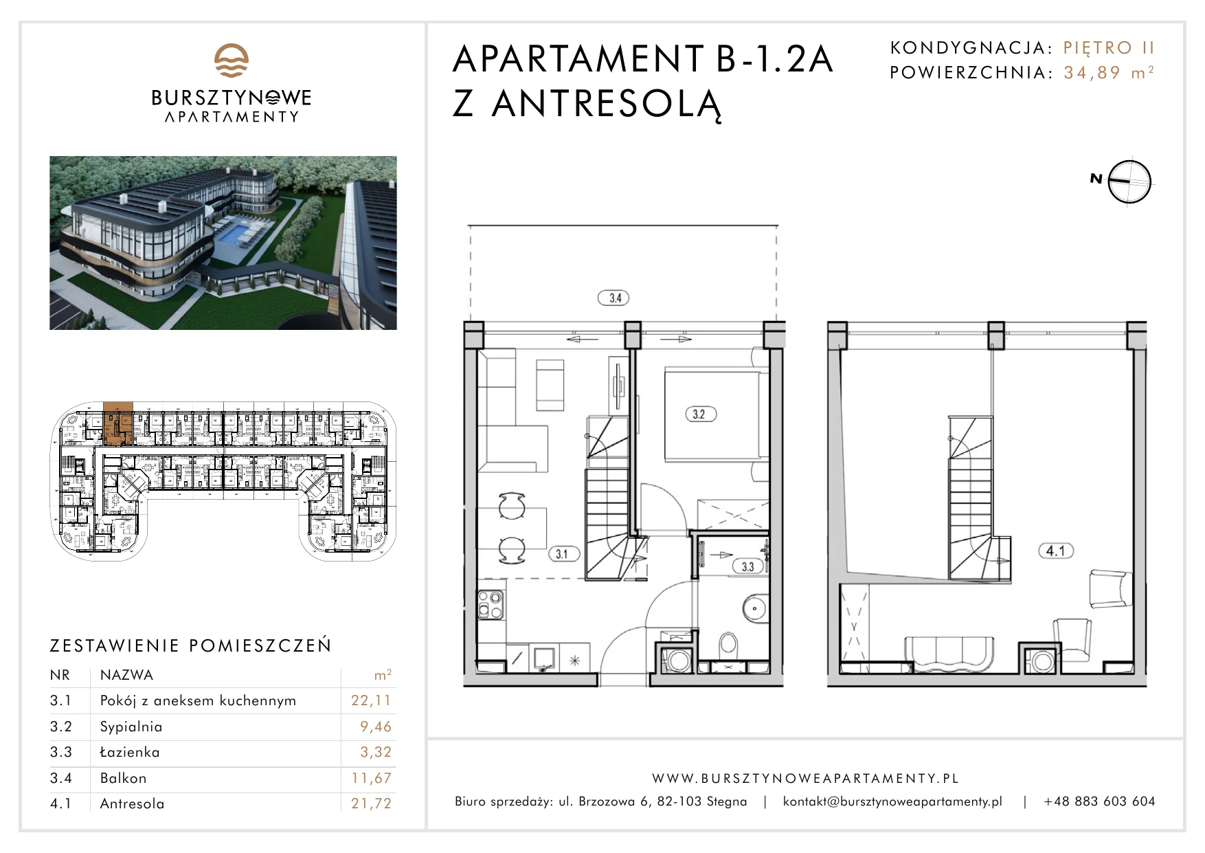 Apartament inwestycyjny 34,89 m², piętro 2, oferta nr B-1.2A, Bursztynowe Apartamenty, Stegna, ul. Brzozowa 6