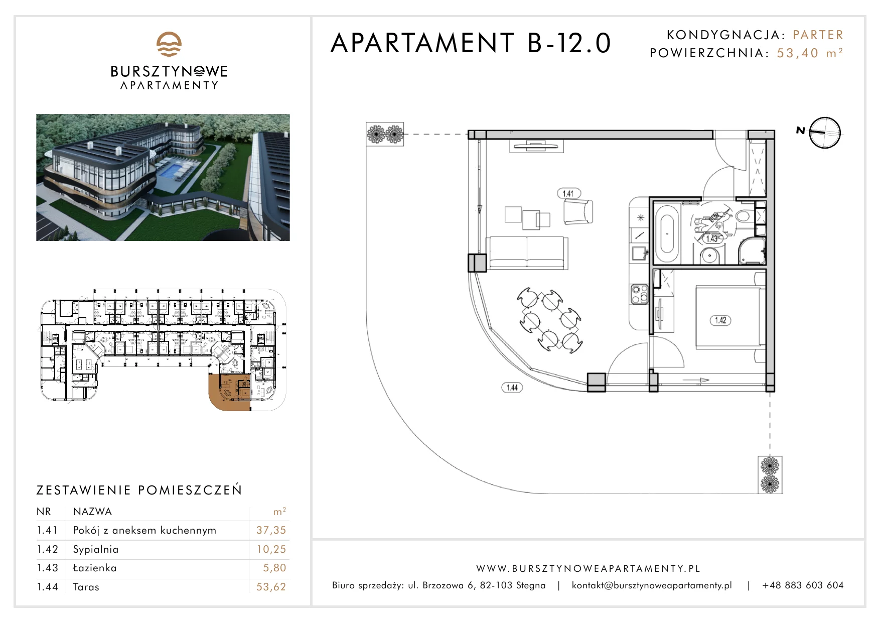 Apartament inwestycyjny 53,40 m², parter, oferta nr B-12.0, Bursztynowe Apartamenty, Stegna, ul. Brzozowa 6