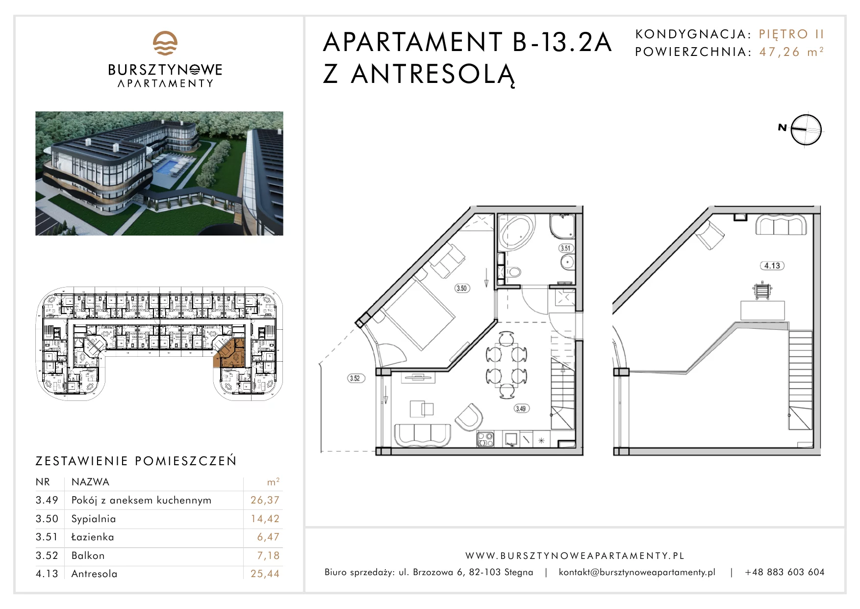 Apartament inwestycyjny 47,26 m², piętro 2, oferta nr B-13.2A, Bursztynowe Apartamenty, Stegna, ul. Brzozowa 6