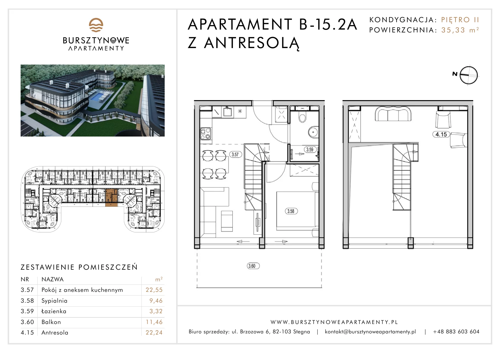 Apartament inwestycyjny 35,33 m², piętro 2, oferta nr B-15.2A, Bursztynowe Apartamenty, Stegna, ul. Brzozowa 6