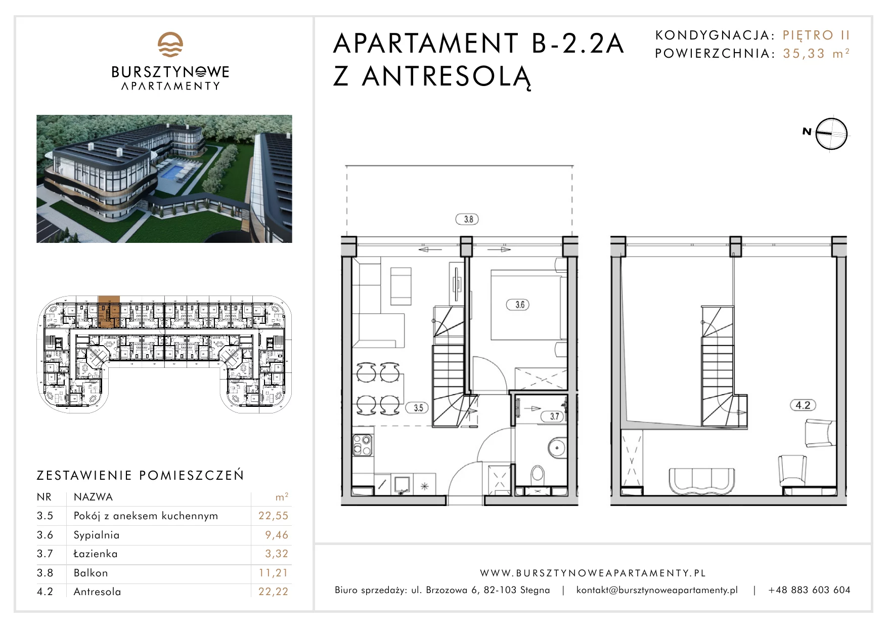 Apartament inwestycyjny 35,33 m², piętro 2, oferta nr B-2.2A, Bursztynowe Apartamenty, Stegna, ul. Brzozowa 6