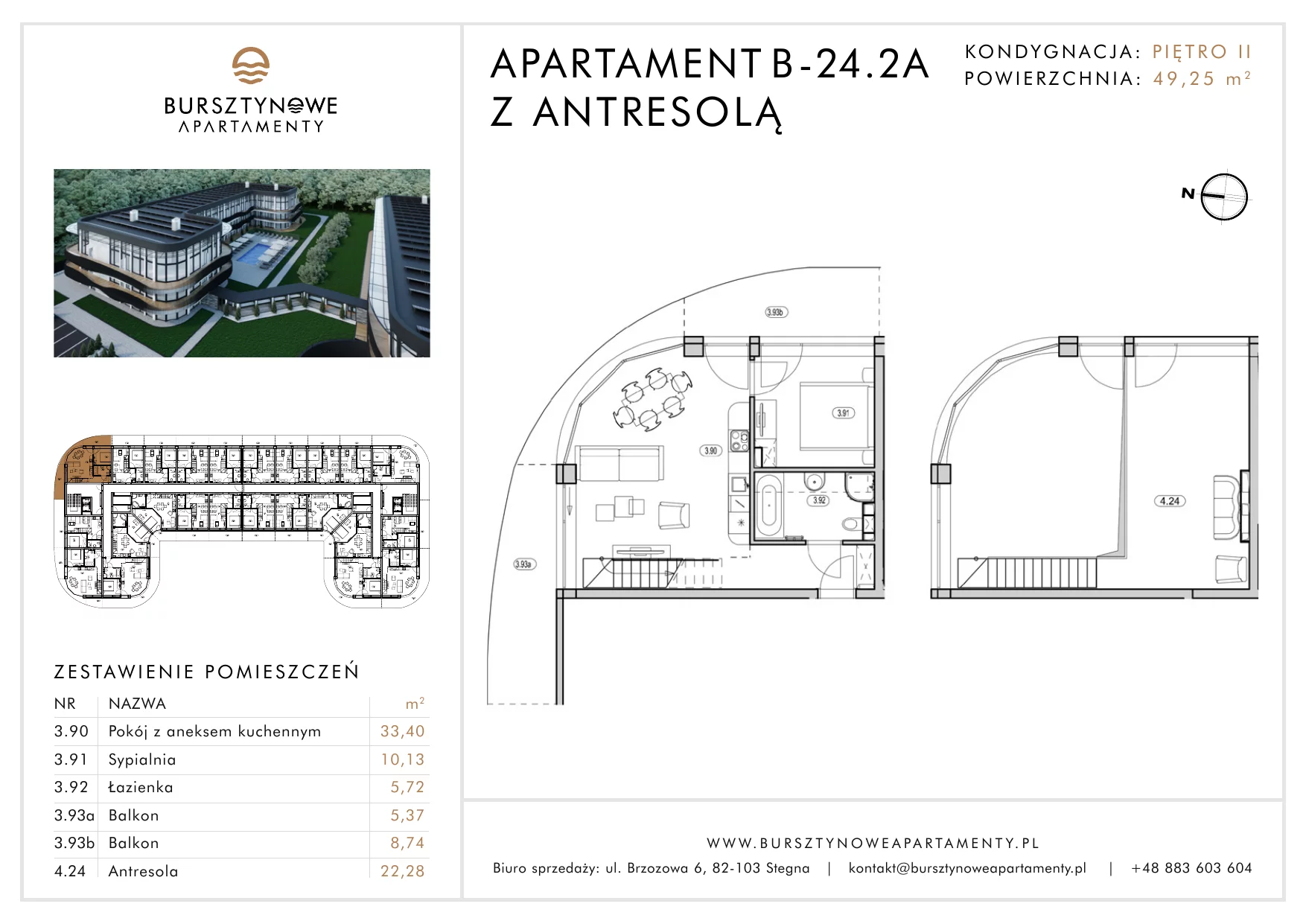 Apartament inwestycyjny 49,25 m², piętro 2, oferta nr B-24.2A, Bursztynowe Apartamenty, Stegna, ul. Brzozowa 6
