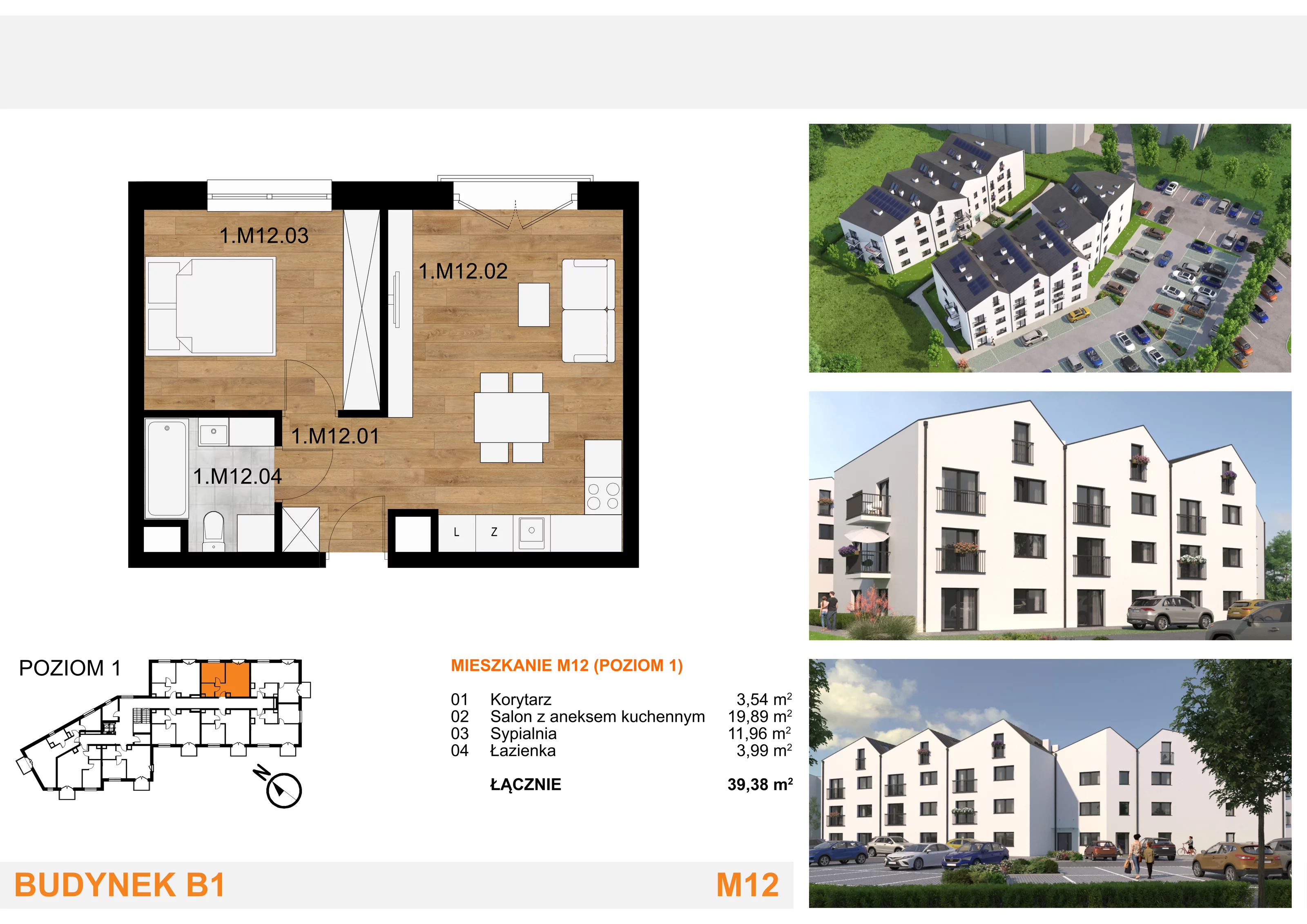 2 pokoje, mieszkanie 39,38 m², piętro 1, oferta nr M12, Mieszkania Mierzyn, Mierzyn, ul. Nasienna